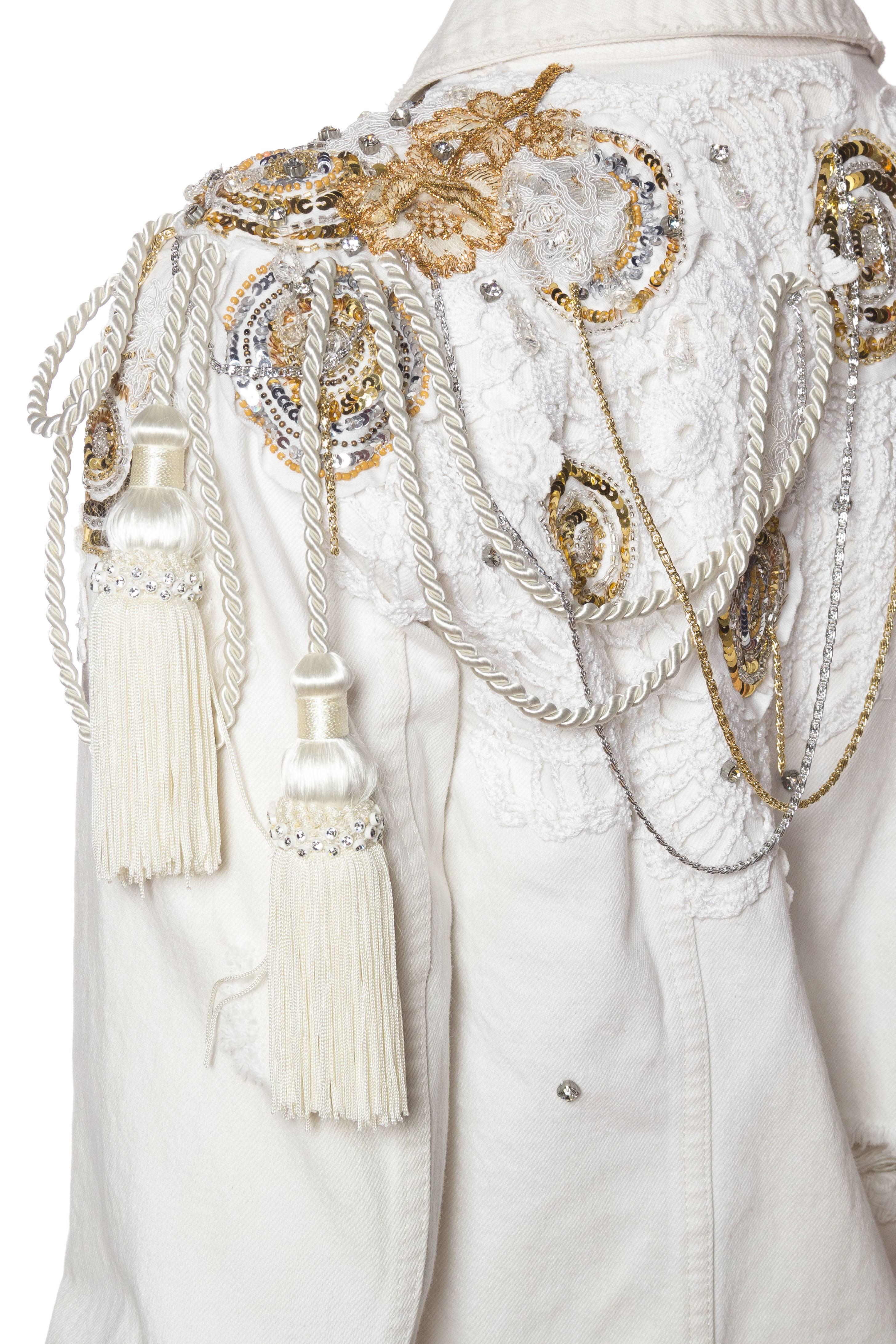 MORPHEW COLLECTION X UNLEASHED White Cotton Denim Gold Sequin, Lace & Crystal E 2