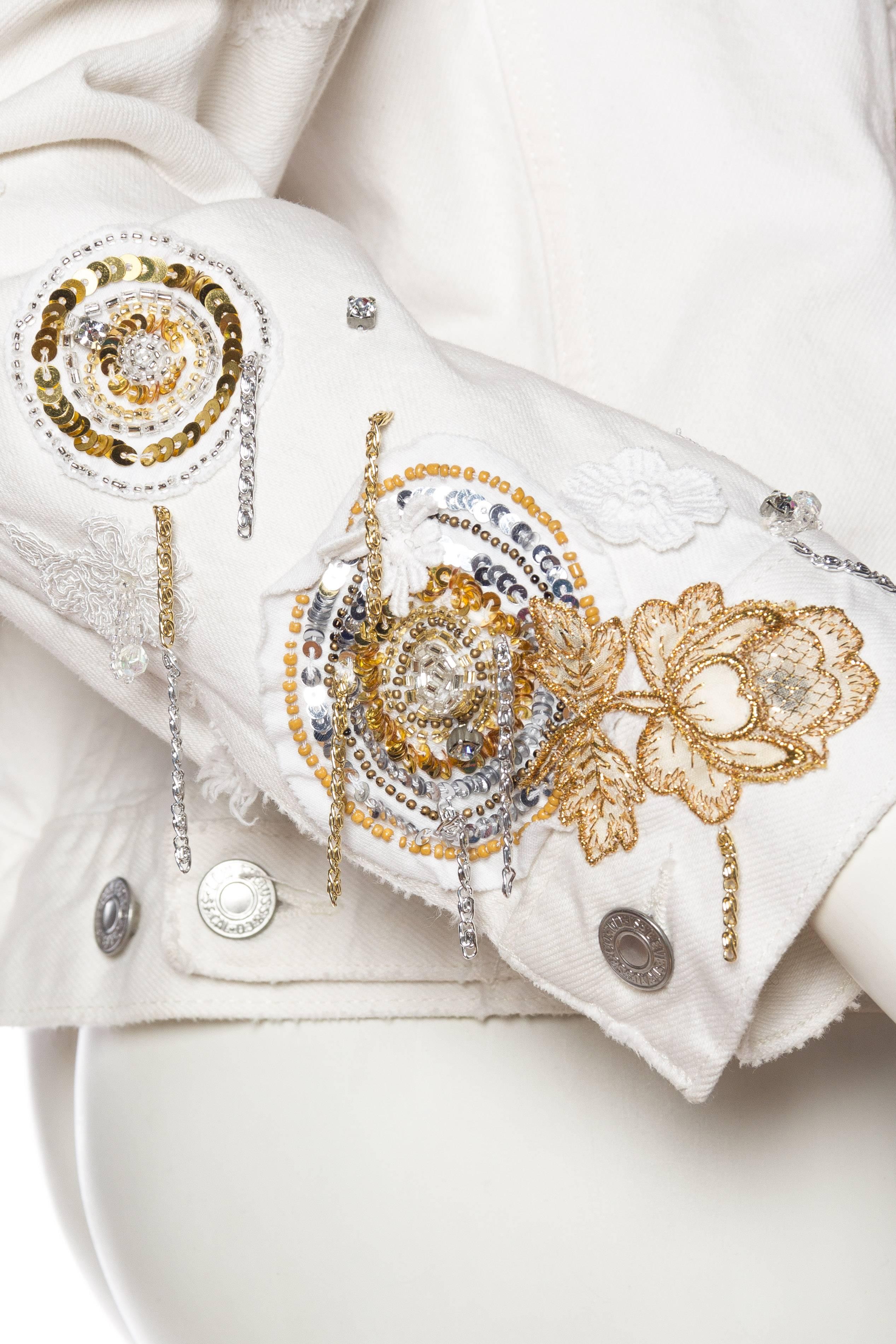 MORPHEW COLLECTION X UNLEASHED White Cotton Denim Gold Sequin, Lace & Crystal E 3