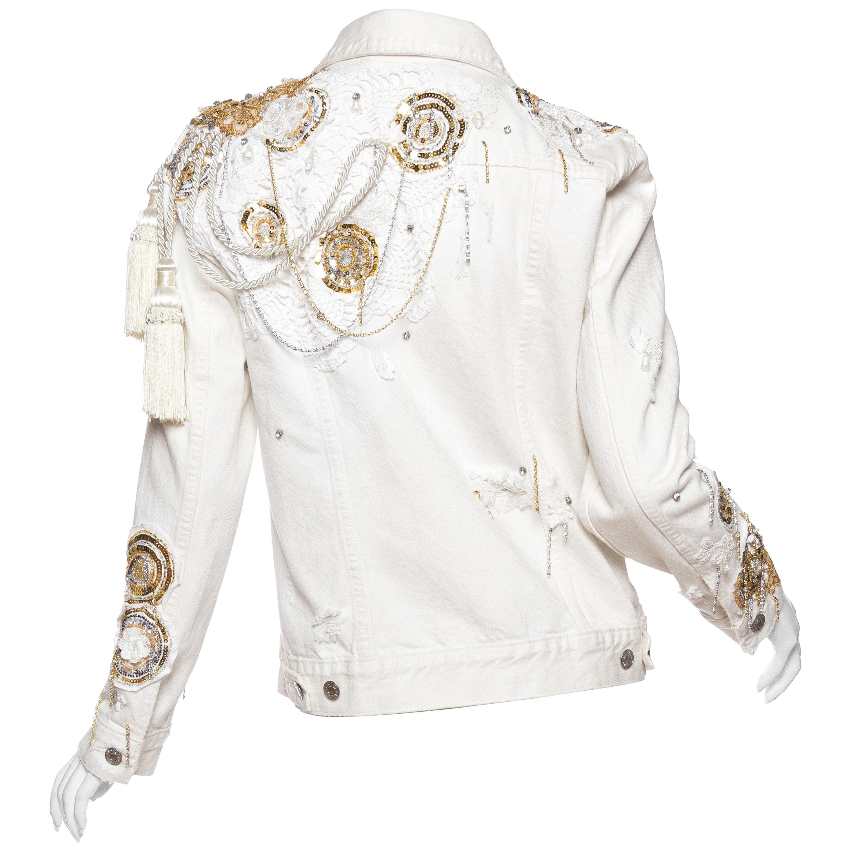 MORPHEW COLLECTION X UNLEASHED White Cotton Denim Gold Sequin, Lace & Crystal E