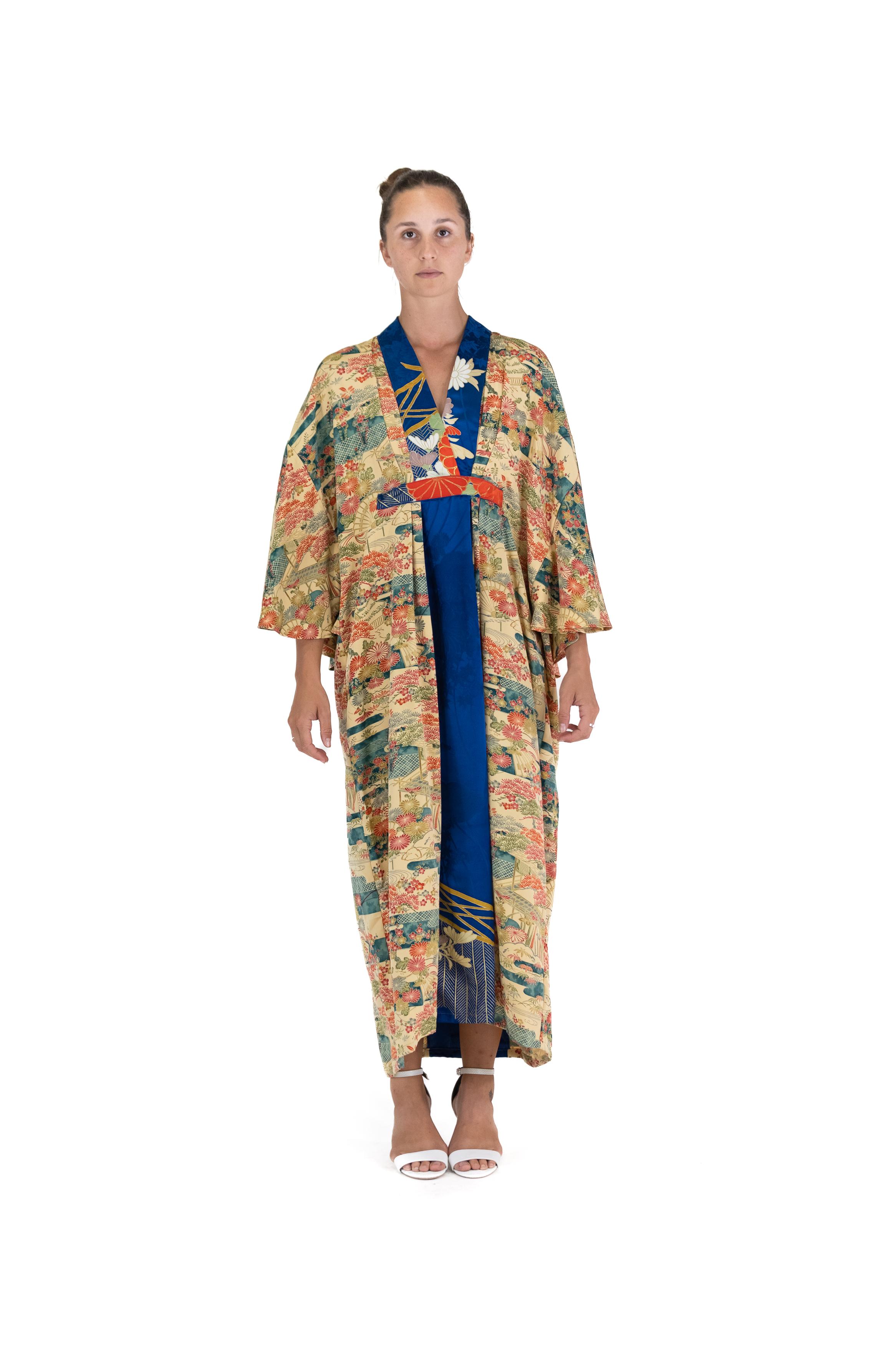 MORPHEW COLLECTION Yellow Blue Japanese Kimono Silk Garden Print Kaftan For Sale 5