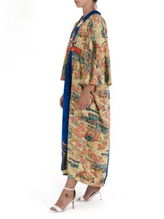 MORPHEW COLLECTION Yellow Blue Japanese Kimono Silk Garden Print Kaftan