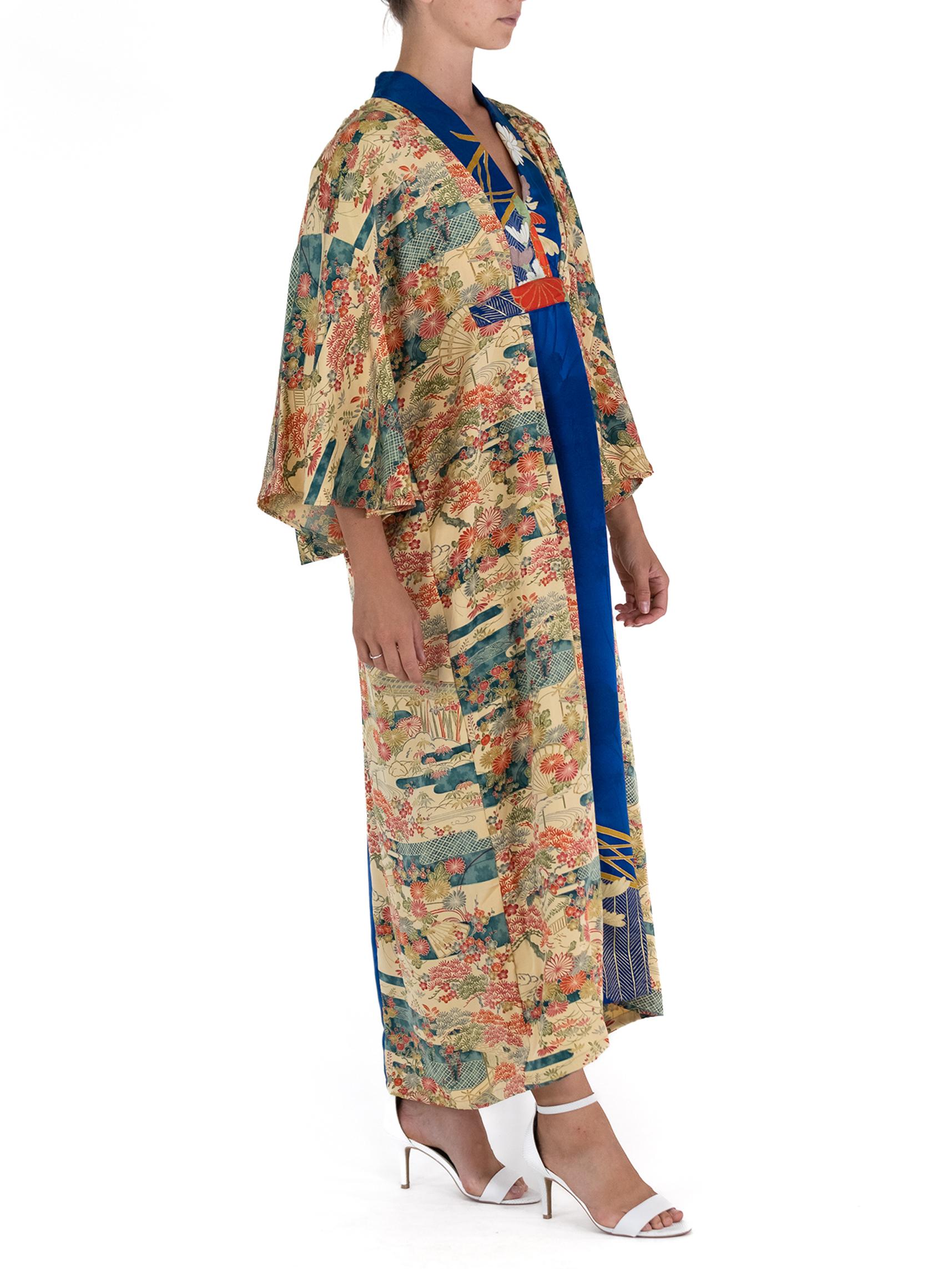 Brown MORPHEW COLLECTION Yellow Blue Japanese Kimono Silk Garden Print Kaftan For Sale