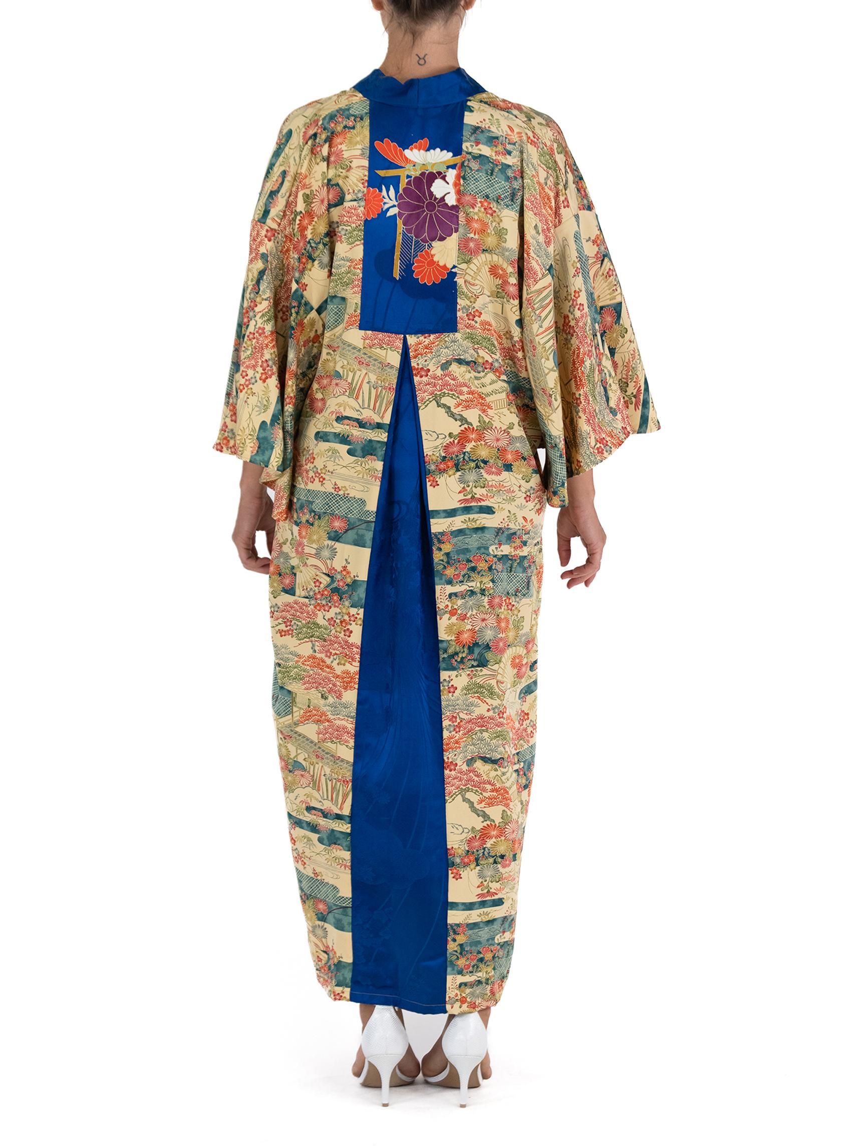 MORPHEW COLLECTION Yellow Blue Japanese Kimono Silk Garden Print Kaftan In Excellent Condition For Sale In New York, NY