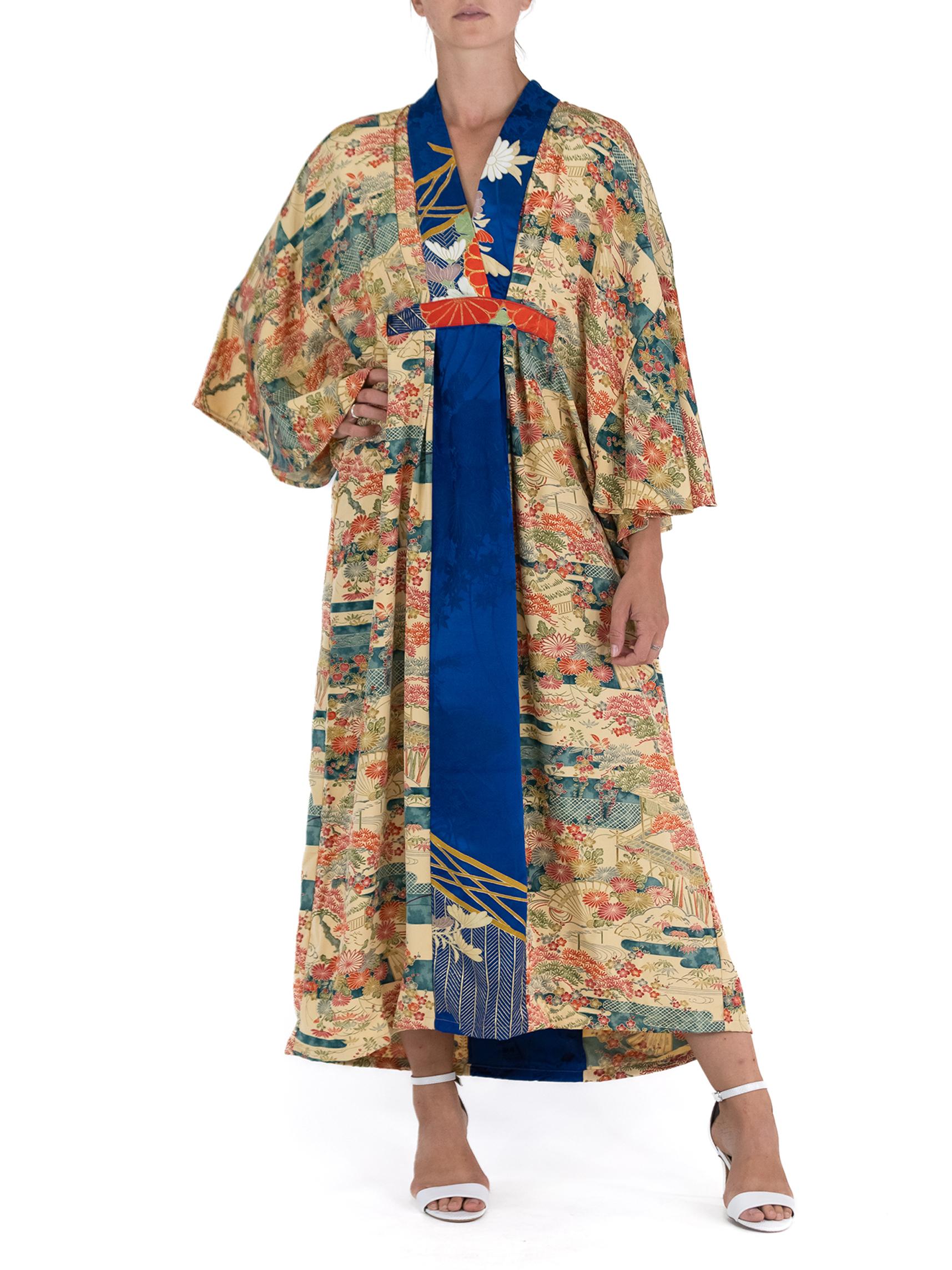 Women's MORPHEW COLLECTION Yellow Blue Japanese Kimono Silk Garden Print Kaftan For Sale