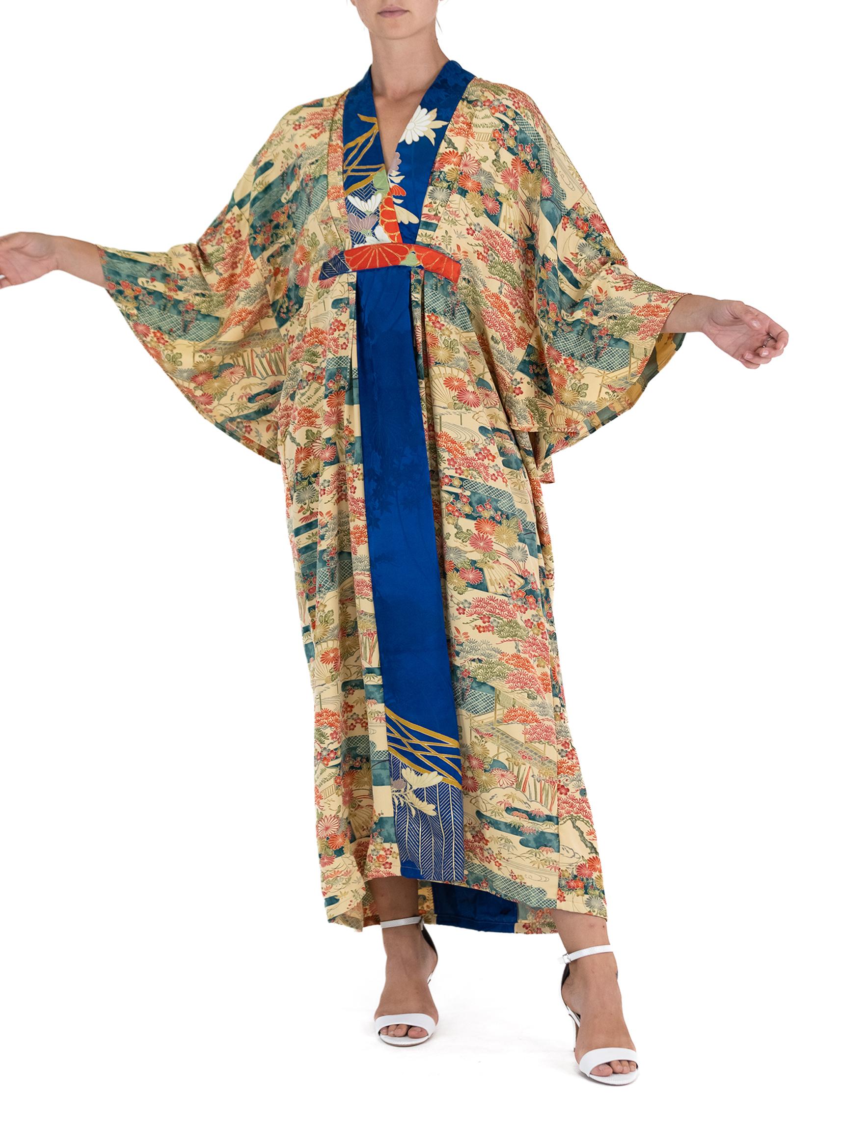 MORPHEW COLLECTION Yellow Blue Japanese Kimono Silk Garden Print Kaftan For Sale 1