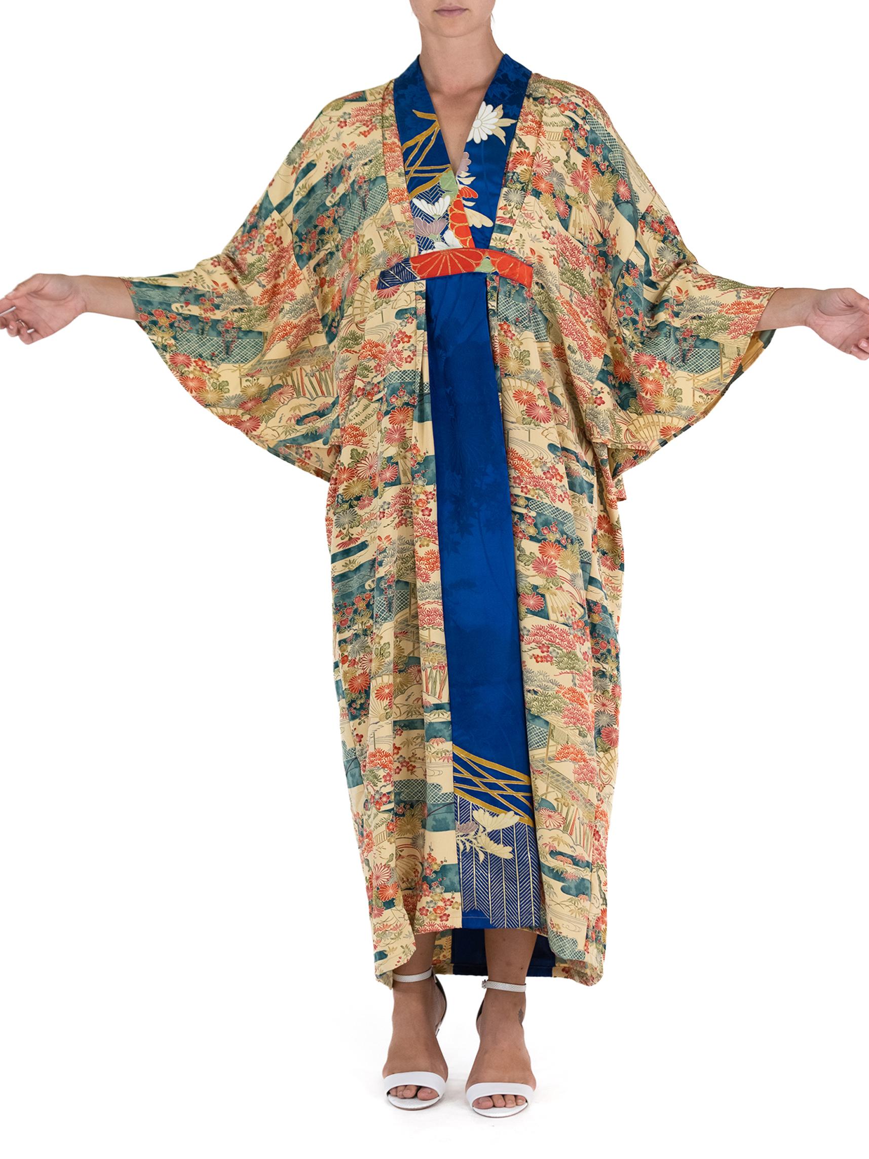 MORPHEW COLLECTION Yellow Blue Japanese Kimono Silk Garden Print Kaftan For Sale 2