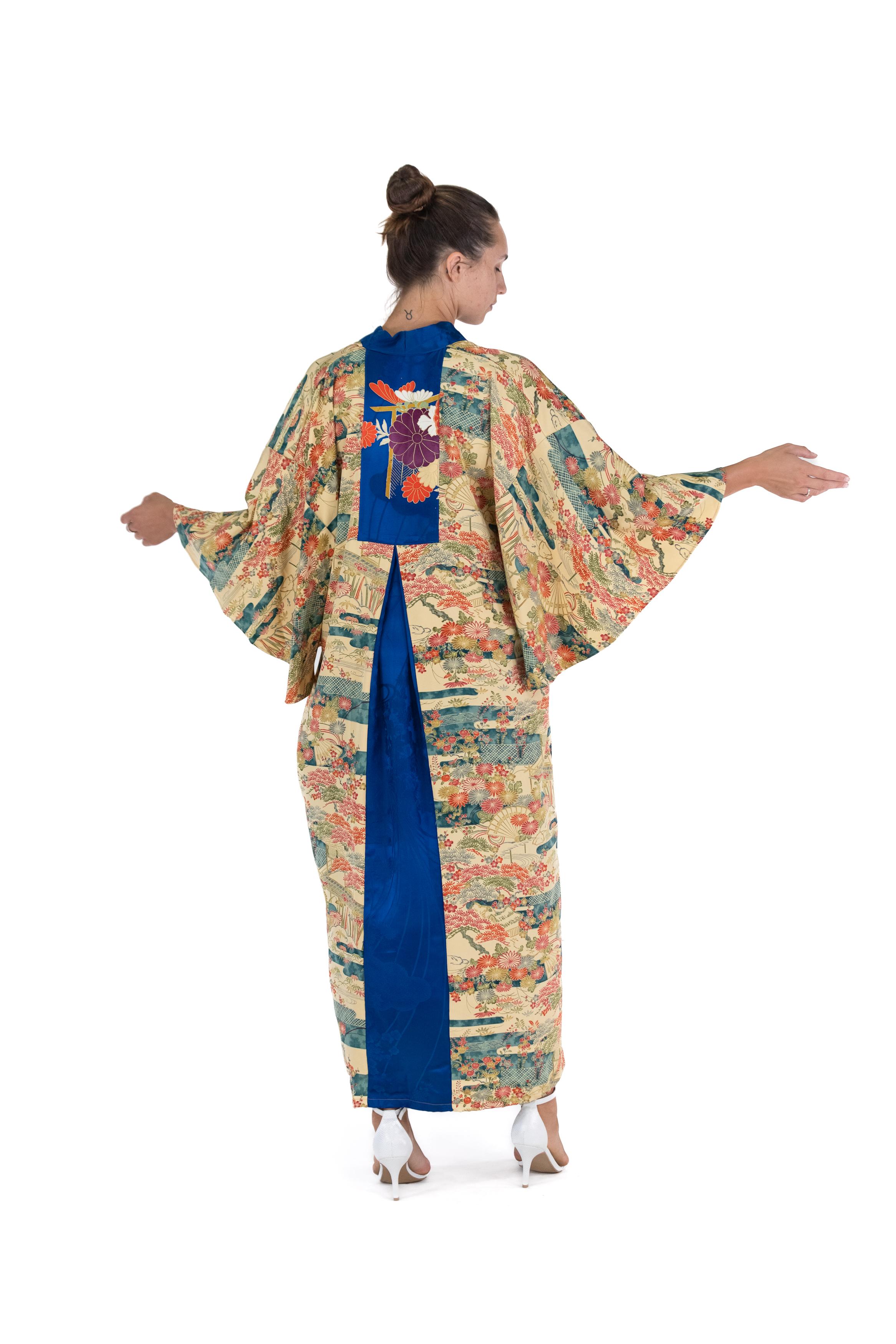 MORPHEW COLLECTION Yellow Blue Japanese Kimono Silk Garden Print Kaftan For Sale 4