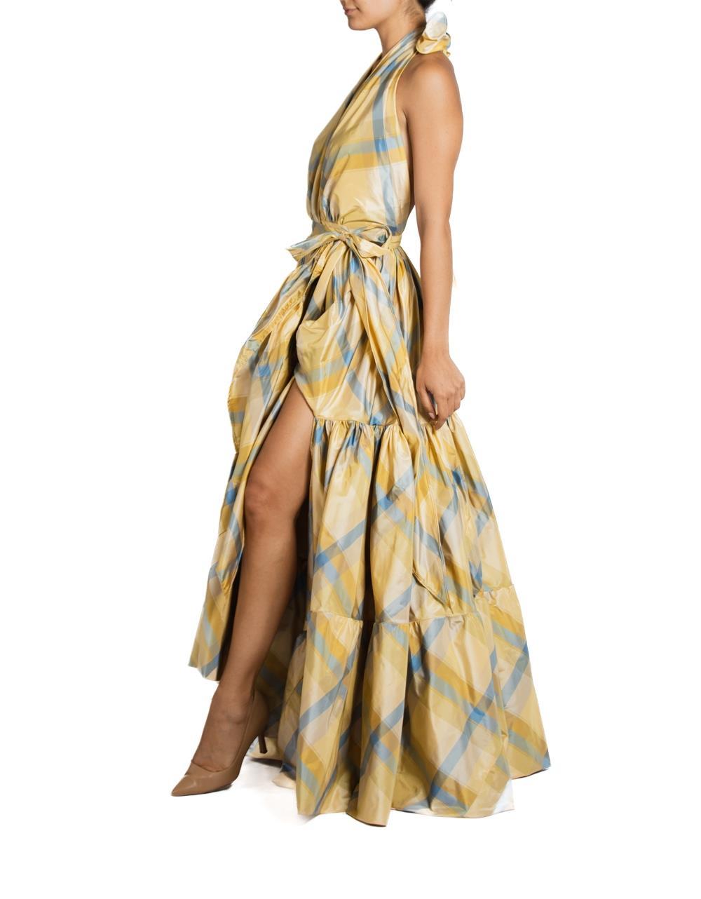 This dress fits multiple sizes from a 2 to a 12 with an adjustable waste Morphew Collection Yellow & Blue Silk Taffeta Plaid Gown 
MORPHEW COLLECTION is made entirely by hand in our NYC Ateliér of rare antique materials sourced from around the