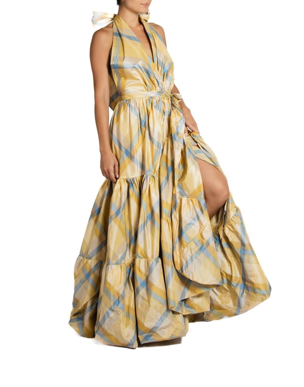 Morphew Collection Yellow & Blue Silk Taffeta Plaid Gown In Excellent Condition For Sale In New York, NY