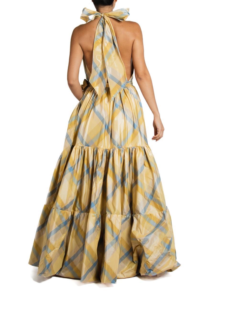 Women's Morphew Collection Yellow & Blue Silk Taffeta Plaid Gown For Sale