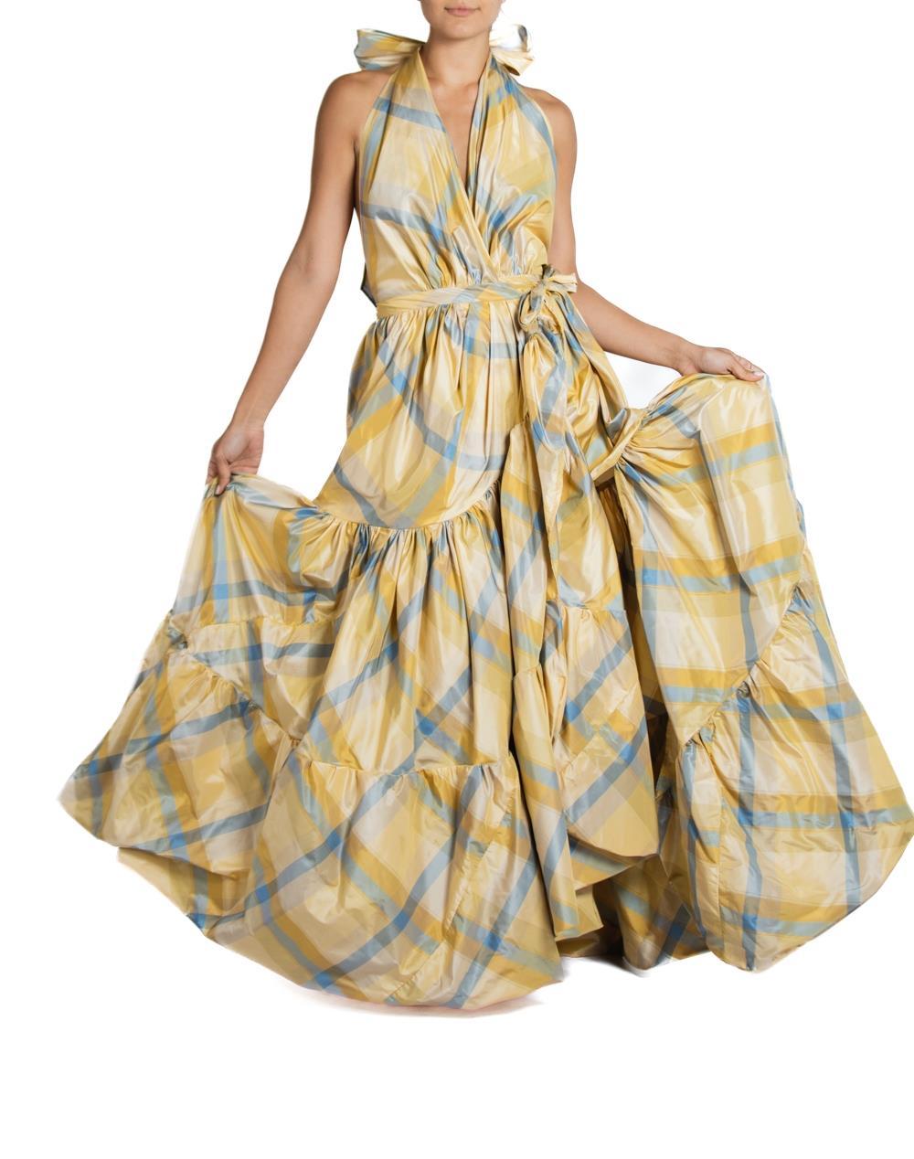 Morphew Collection Yellow & Blue Silk Taffeta Plaid Gown For Sale 1