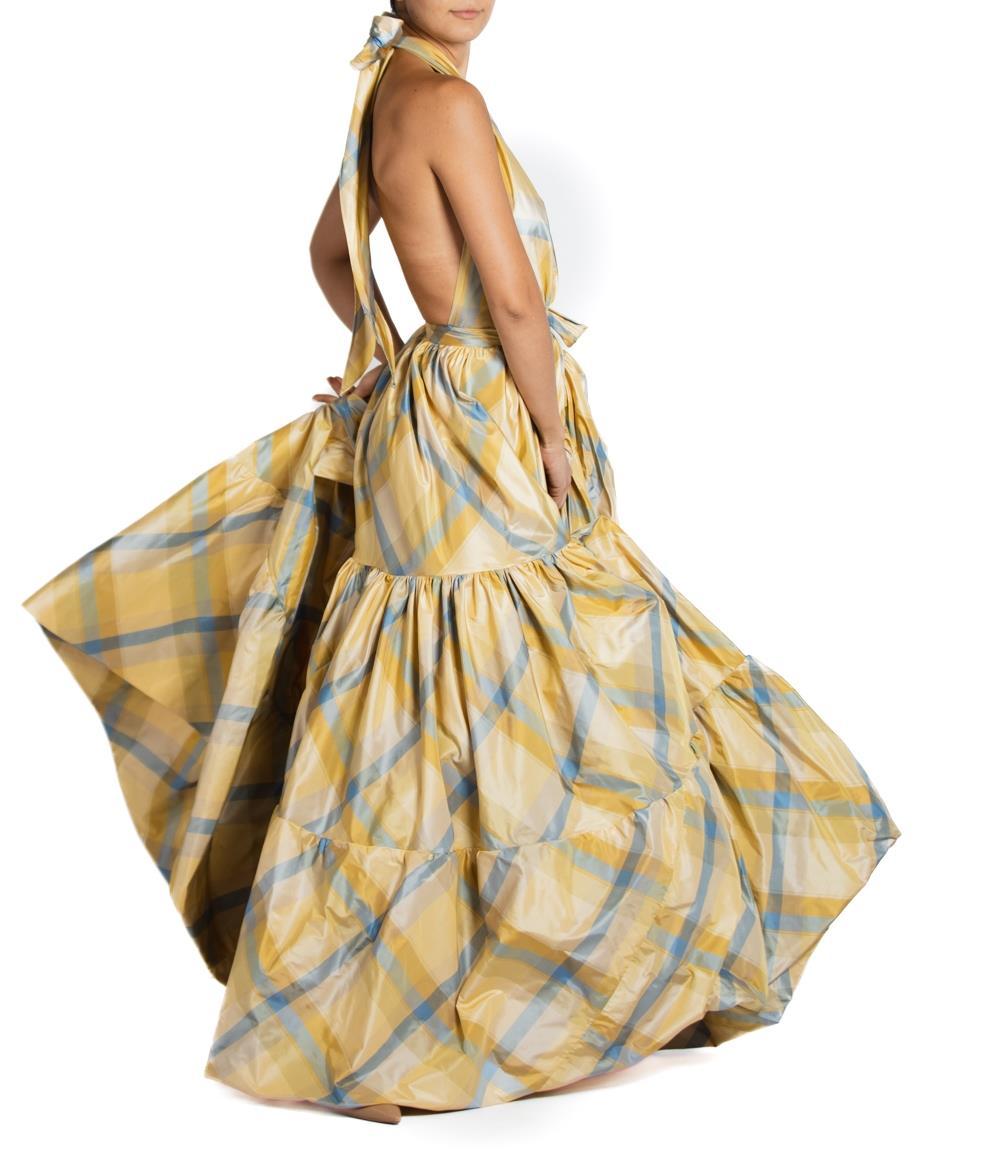 Morphew Collection Yellow & Blue Silk Taffeta Plaid Gown For Sale 2