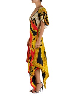 MORPHEW COLLECTION Yellow, Gold & Black Silk VERSACE 3-Scarf Dress With Mermaids