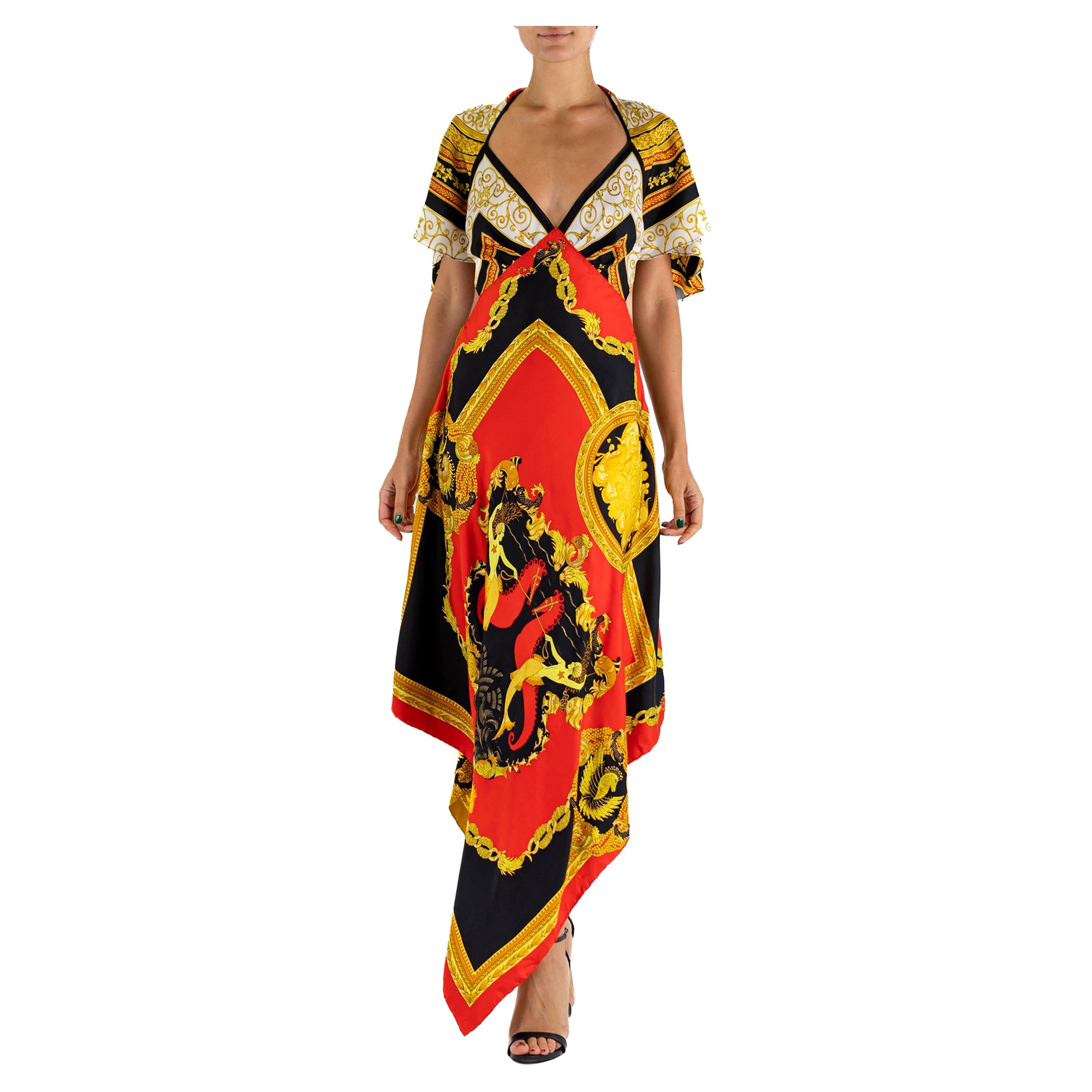 MORPHEW COLLECTION Yellow, Gold 
Black Silk VERSACE 3-Scarf Dress With Mermaids