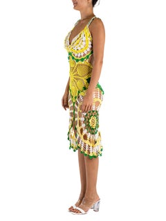 MC Yellow & Green Cotton Crochet Lace Mid Dress