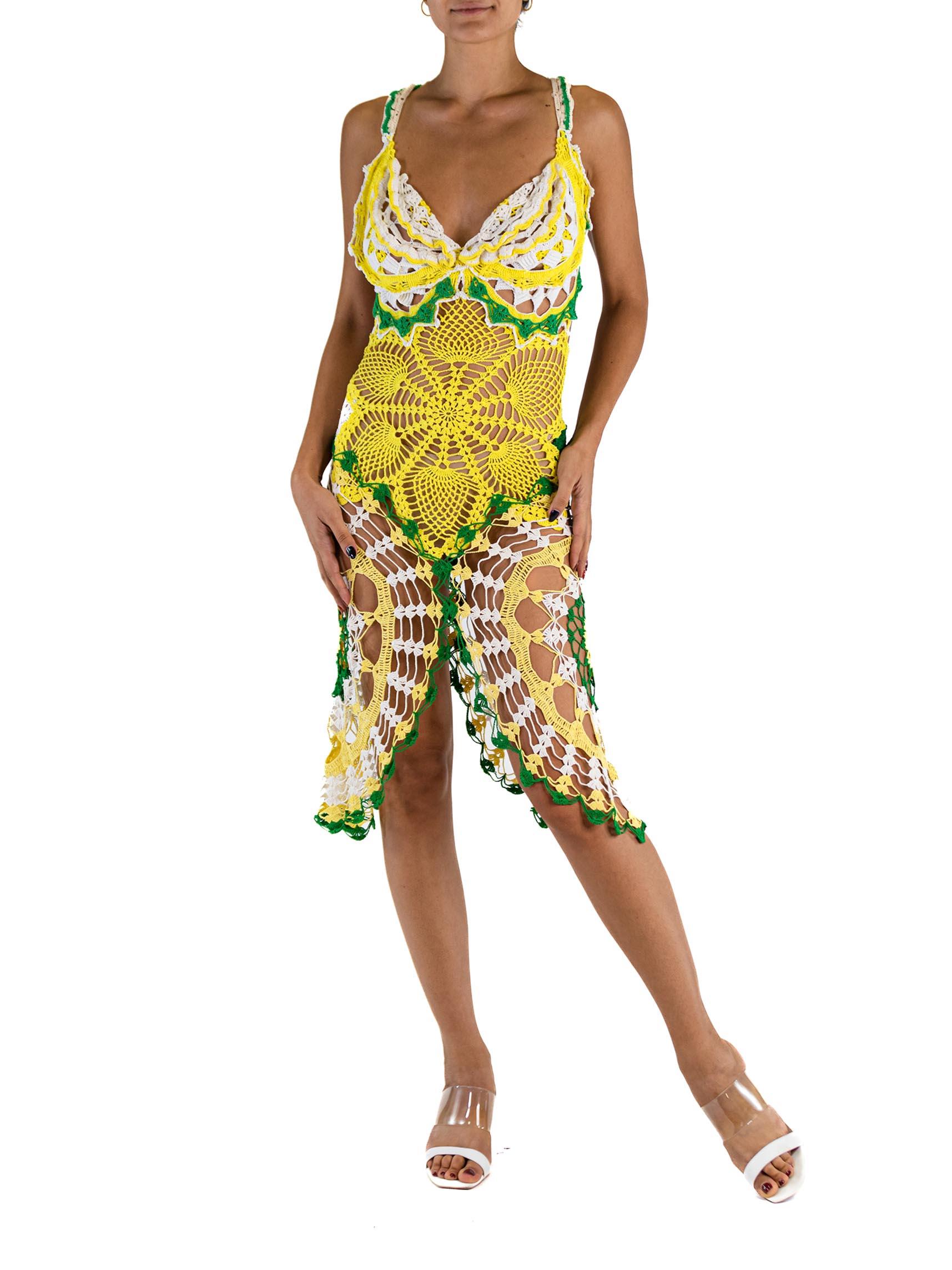 Women's MORPHEW COLLECTION Yellow & Green Cotton Crochet Lace Mid Dress For Sale