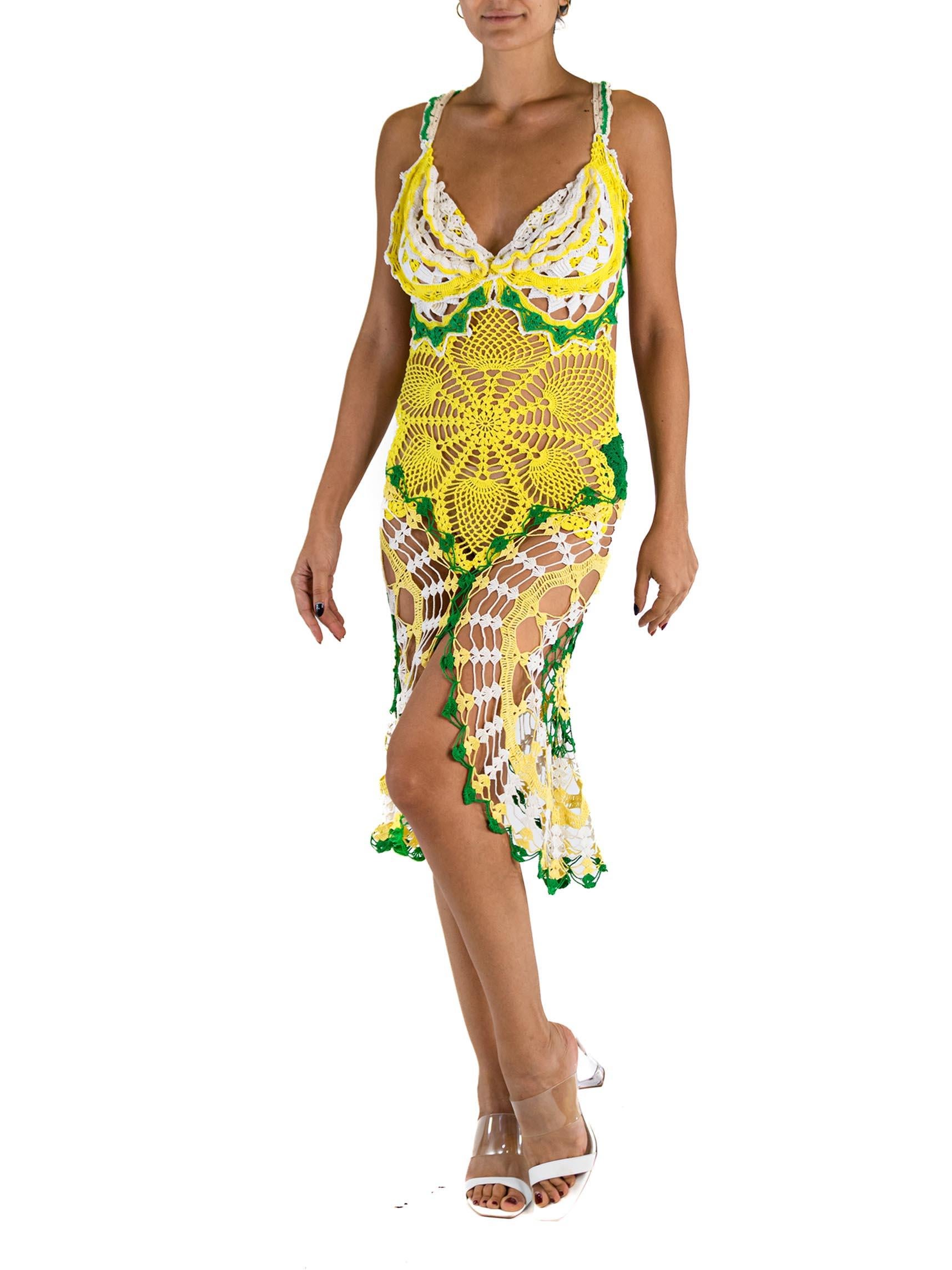 MORPHEW COLLECTION Yellow & Green Cotton Crochet Lace Mid Dress For Sale 3