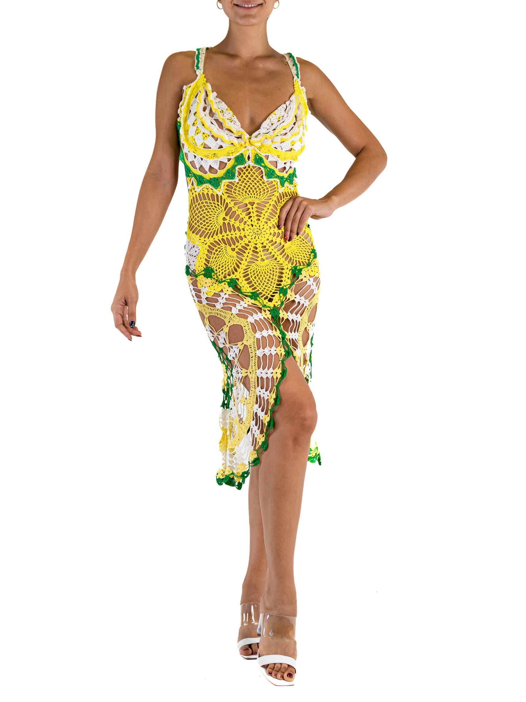 MORPHEW COLLECTION Yellow & Green Cotton Crochet Lace Mid Dress For Sale 4