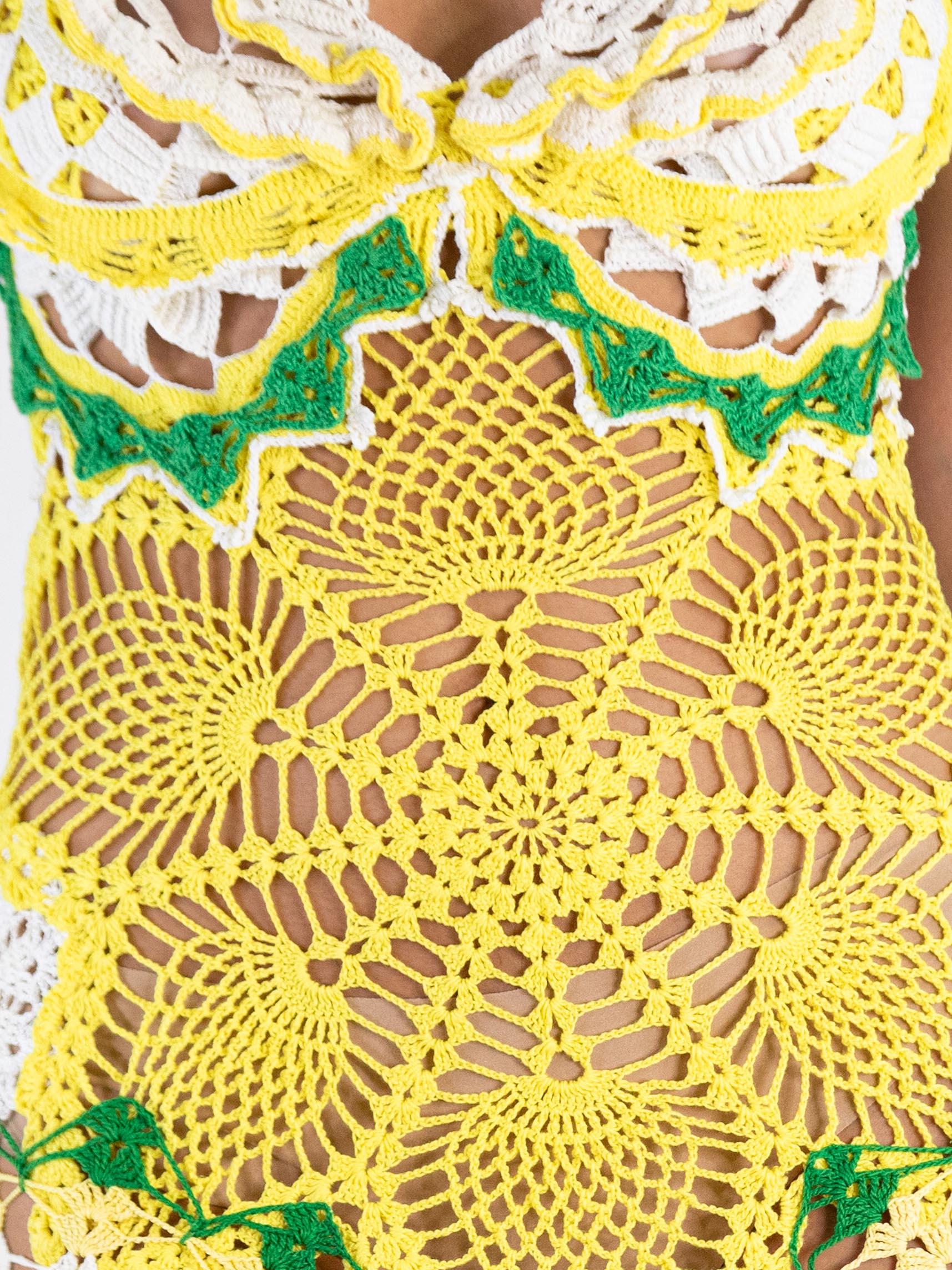 MORPHEW COLLECTION Yellow & Green Cotton Crochet Lace Mid Dress For Sale 5
