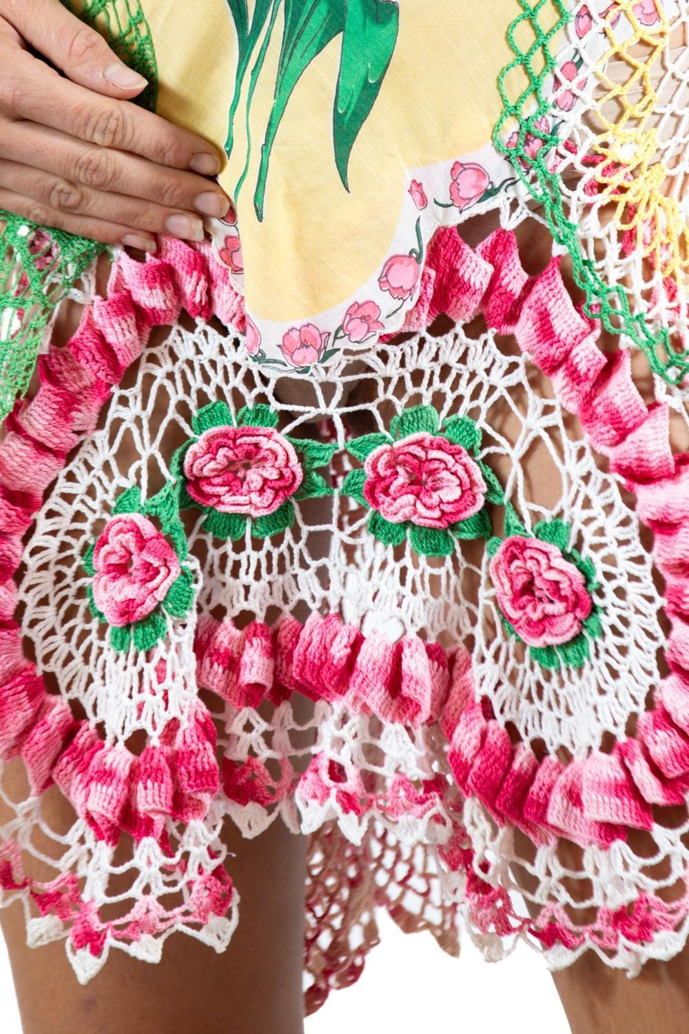 Morphew Collection Yellow & Pink Crochet Mini Dress In Excellent Condition For Sale In New York, NY