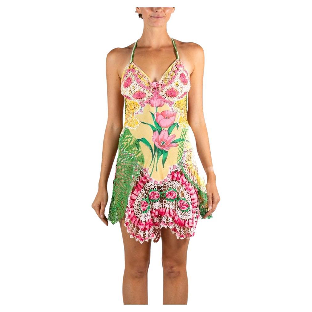 Morphew Collection Yellow & Pink Crochet Mini Dress For Sale
