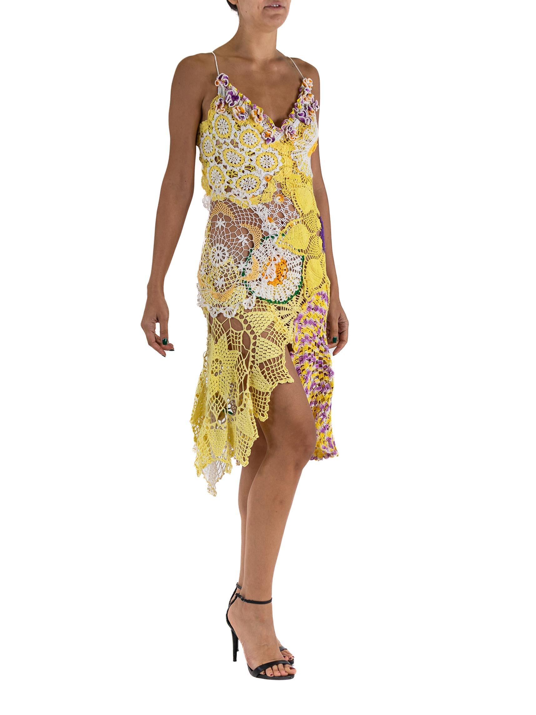 MORPHEW COLLECTION Yellow & Purple Cotton Crochet Lace Mini Dress With 3-D Flow In Excellent Condition For Sale In New York, NY