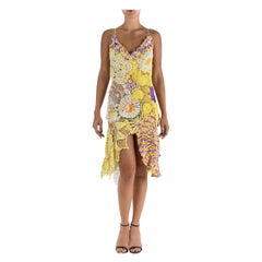 MORPHEW COLLECTION Yellow & Purple Cotton Crochet Lace Mini Dress With 3-D Flow
