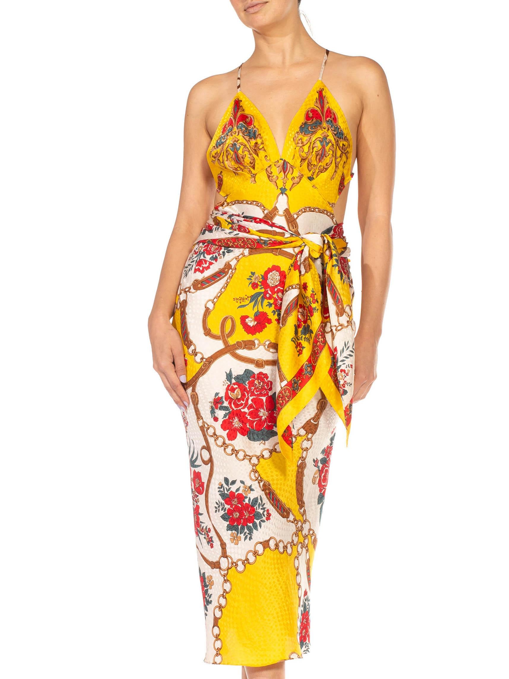 MORPHEW COLLECTION Yellow & Red Bias Cut Silk Jacquard Sagittarius Multi-Way Sc For Sale 5