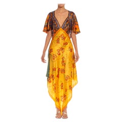 MORPHEW COLLECTION Yellow, Teal & Brown Silk Twill Butterfly Print 3-Scarf Dres
