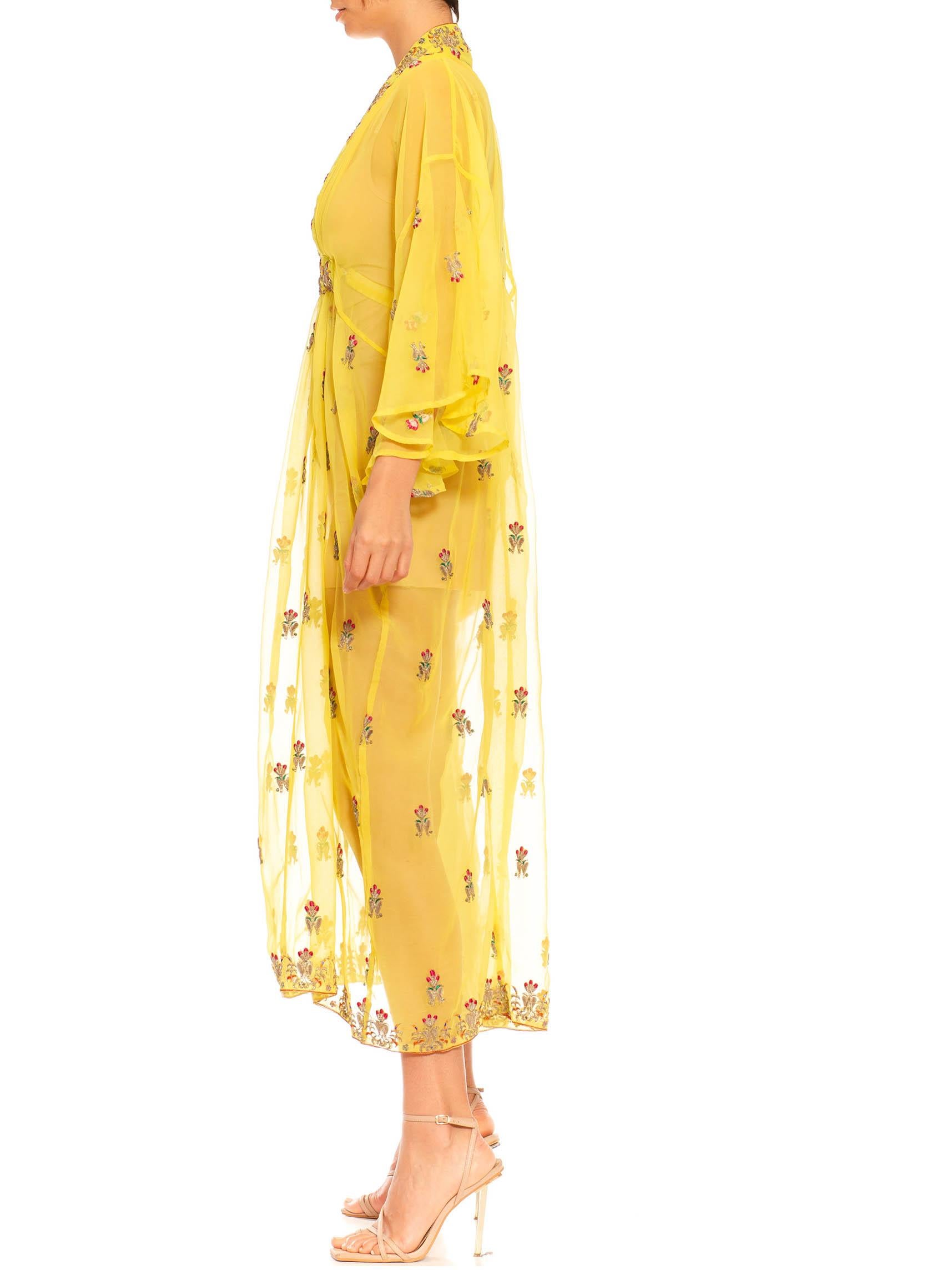 Morphew Collection Yellows & Gold Embroidered Silk Kaftan Made From Vintage Sar In Excellent Condition For Sale In New York, NY