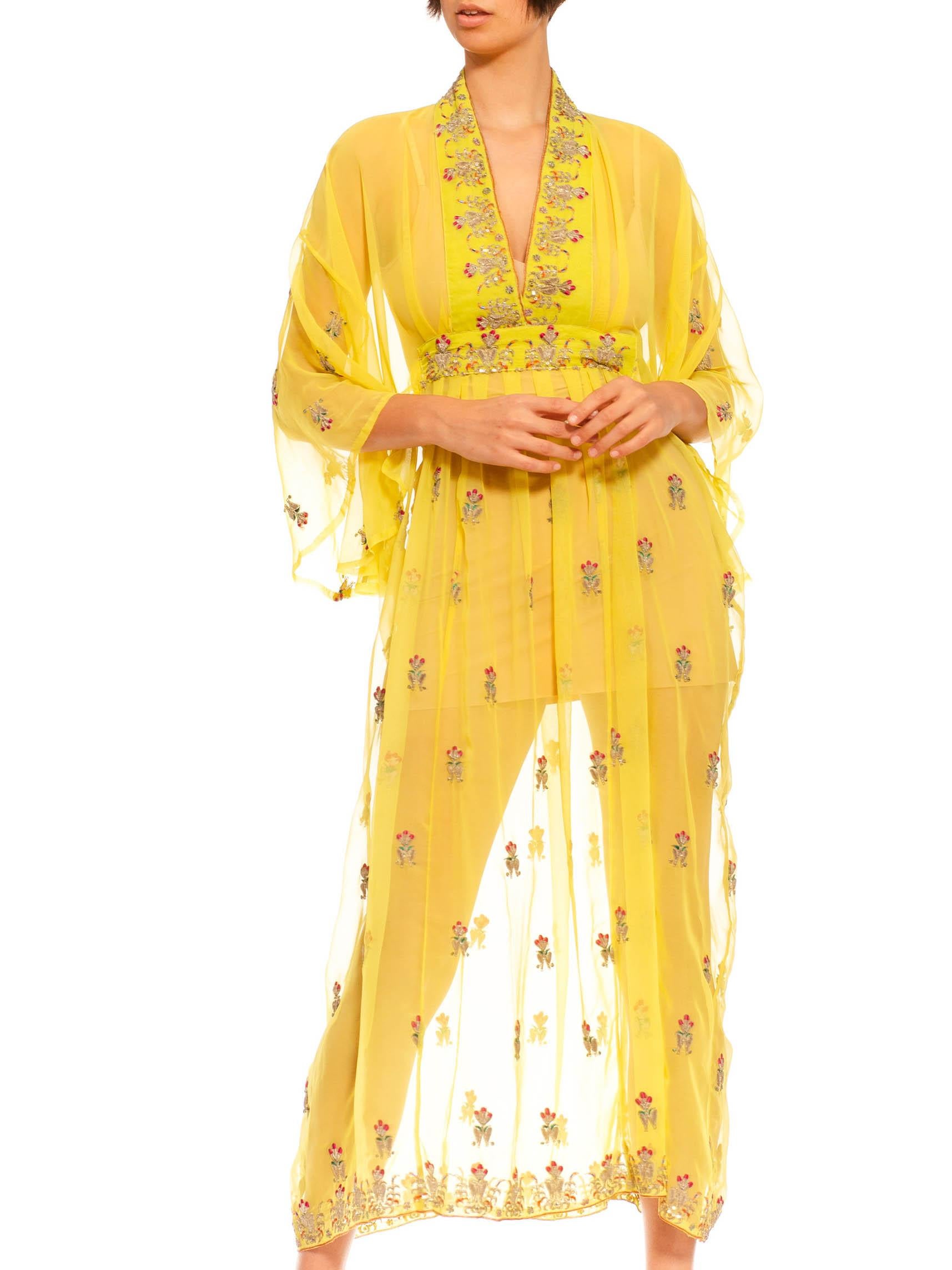 Women's Morphew Collection Yellows & Gold Embroidered Silk Kaftan Made From Vintage Sar For Sale