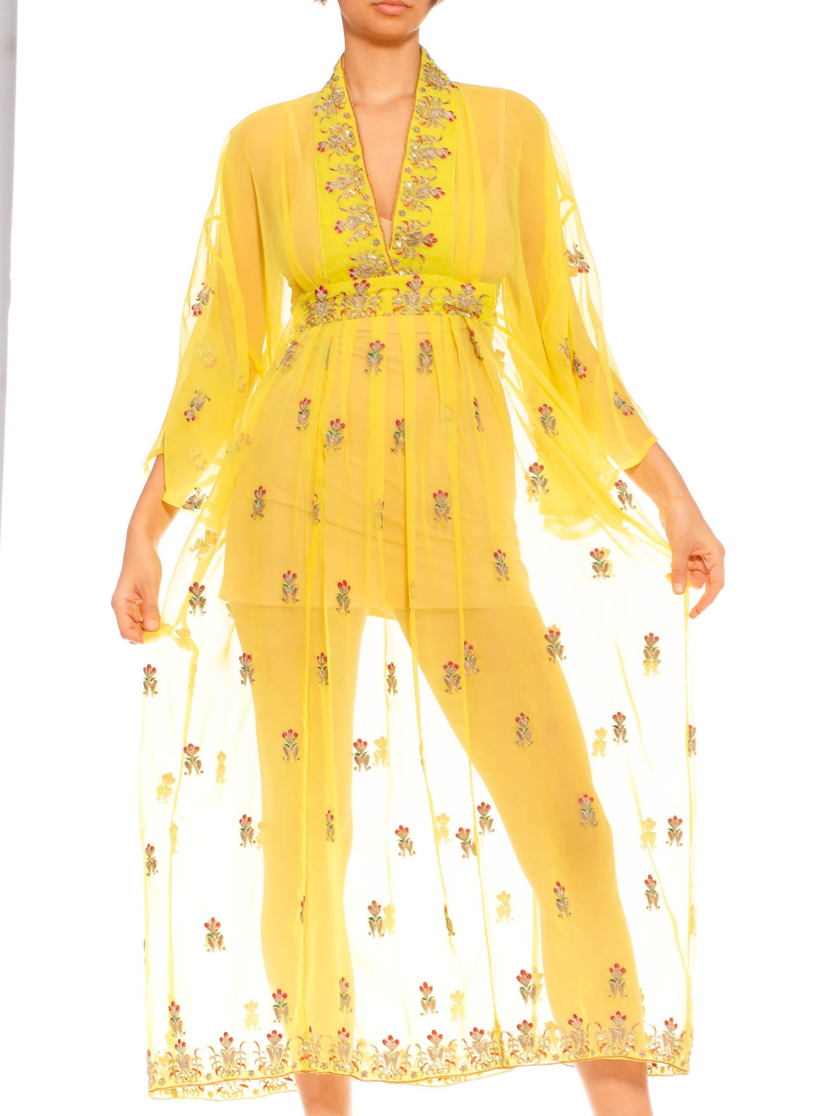 Morphew Collection Yellows & Gold Embroidered Silk Kaftan Made From Vintage Sar For Sale 1