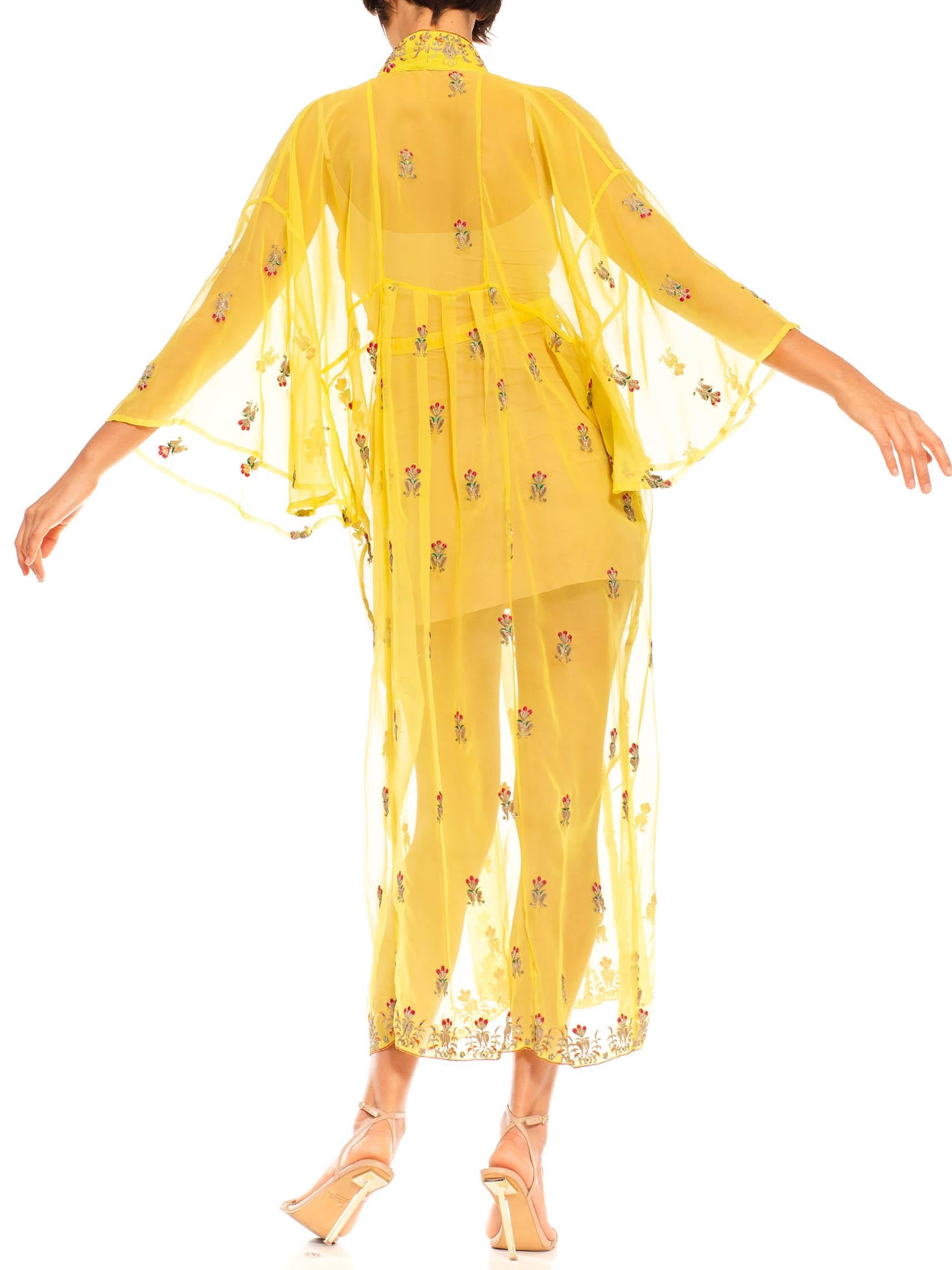 Morphew Collection Yellows & Gold Embroidered Silk Kaftan Made From Vintage Sar For Sale 2