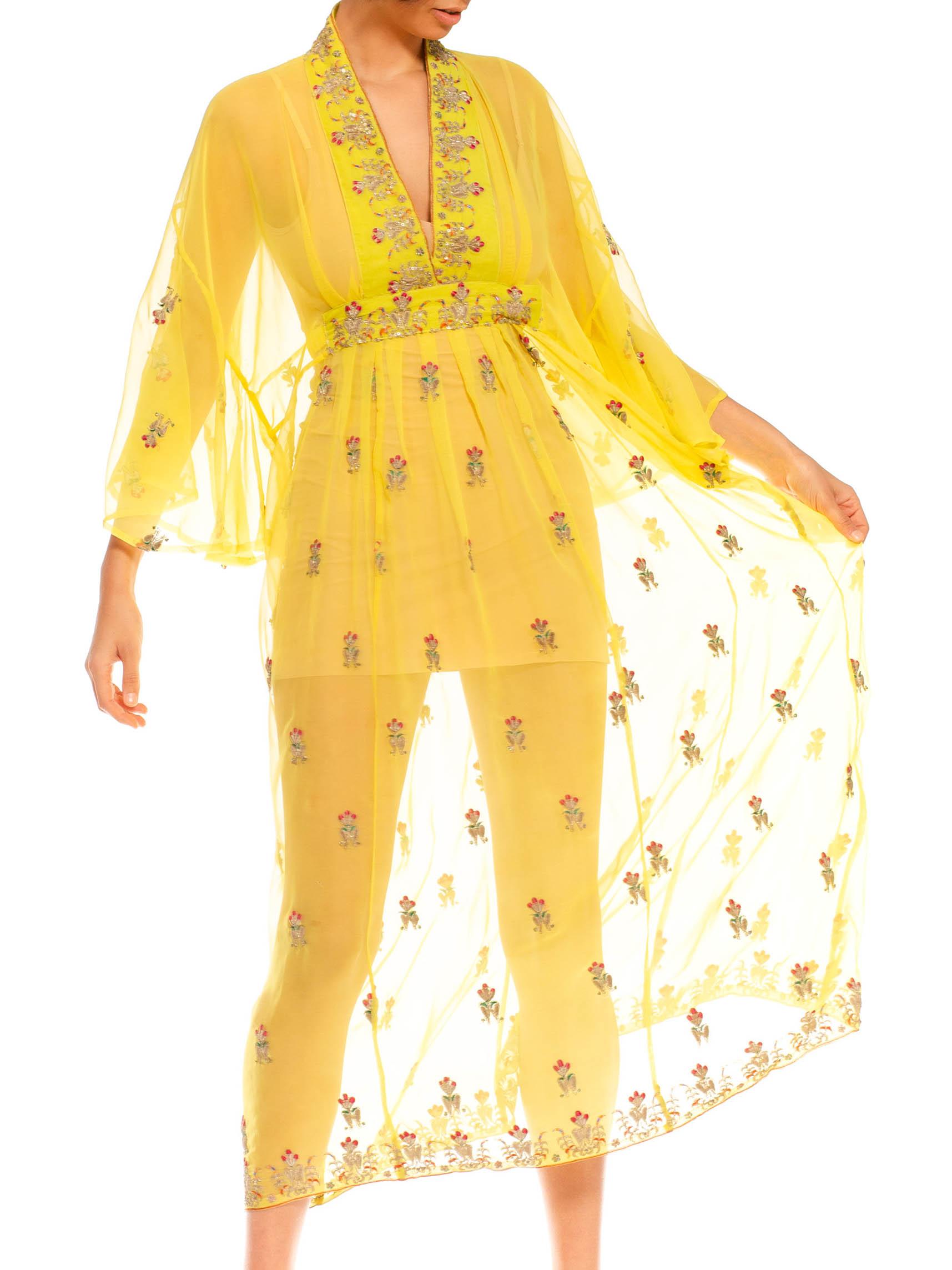 Morphew Collection Yellows & Gold Embroidered Silk Kaftan Made From Vintage Sar For Sale 3