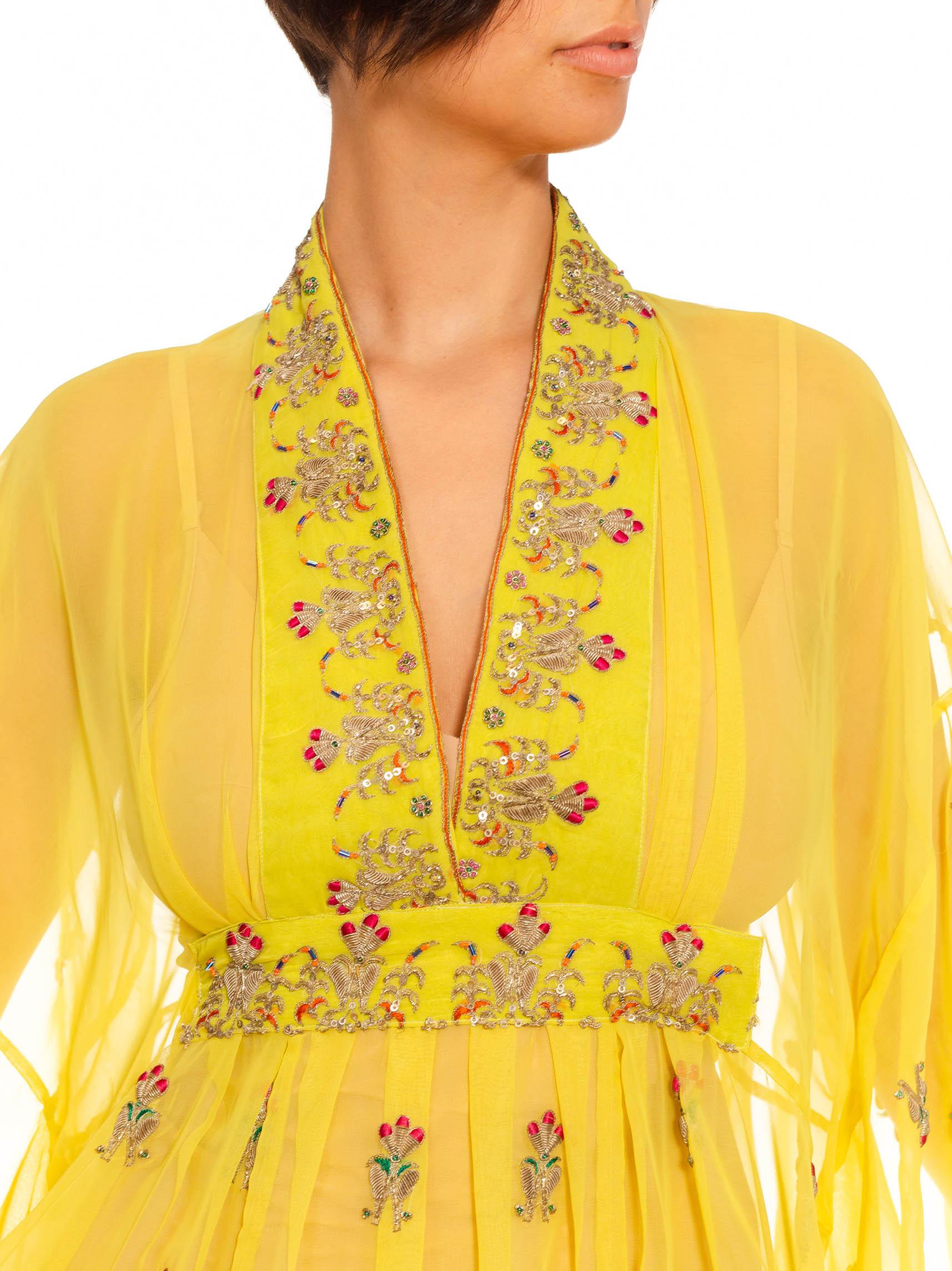 Morphew Collection Yellows & Gold Embroidered Silk Kaftan Made From Vintage Sar For Sale 4