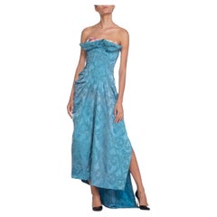 Morphew trägerloses Kleid mit Stäbchen aus blauem Satin Demask aus den 1950er Jahren
