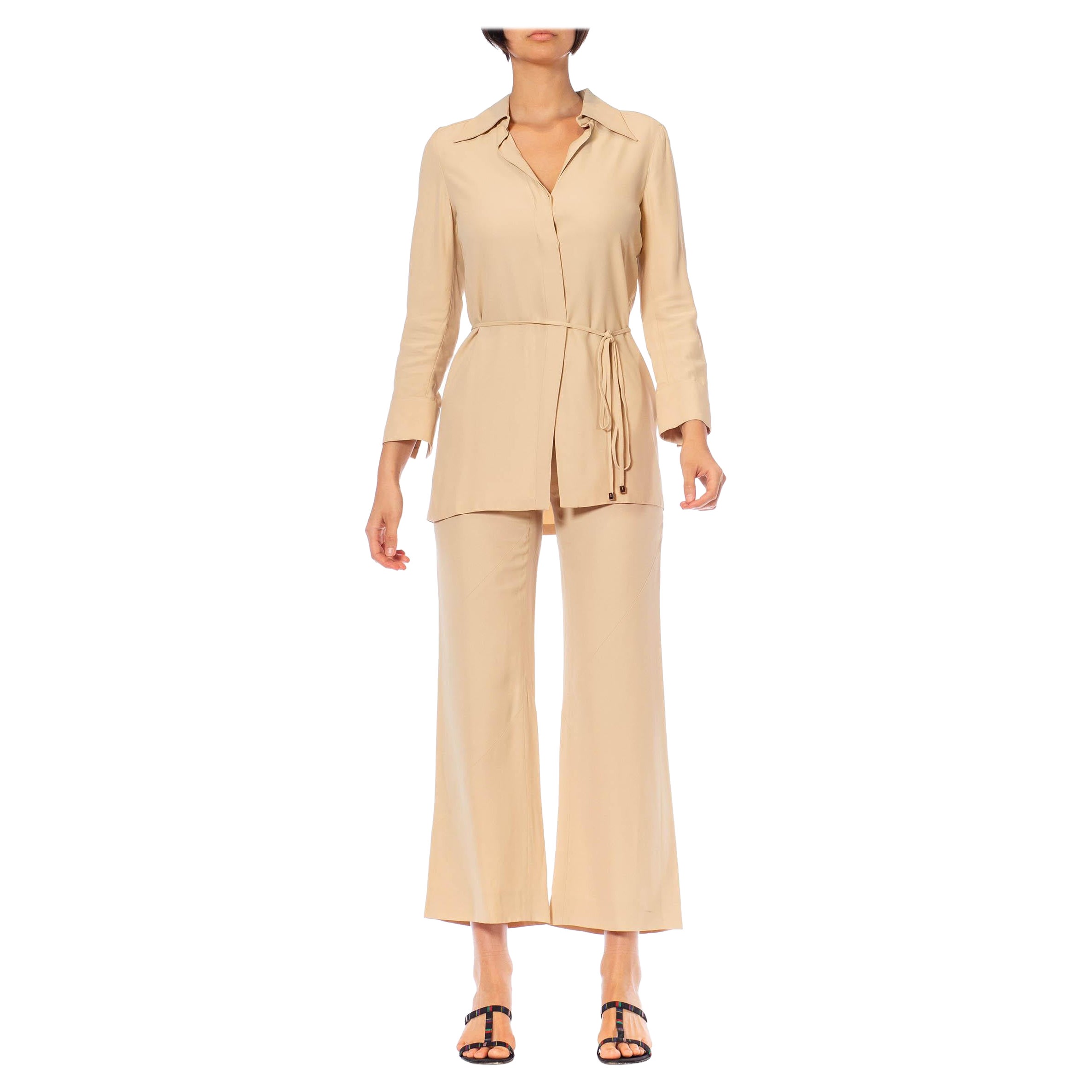 Morphew Vintage Gucci Beige Acetato y Rayón Crepe Espalda Satén Pantalones y Blusa Envolvente