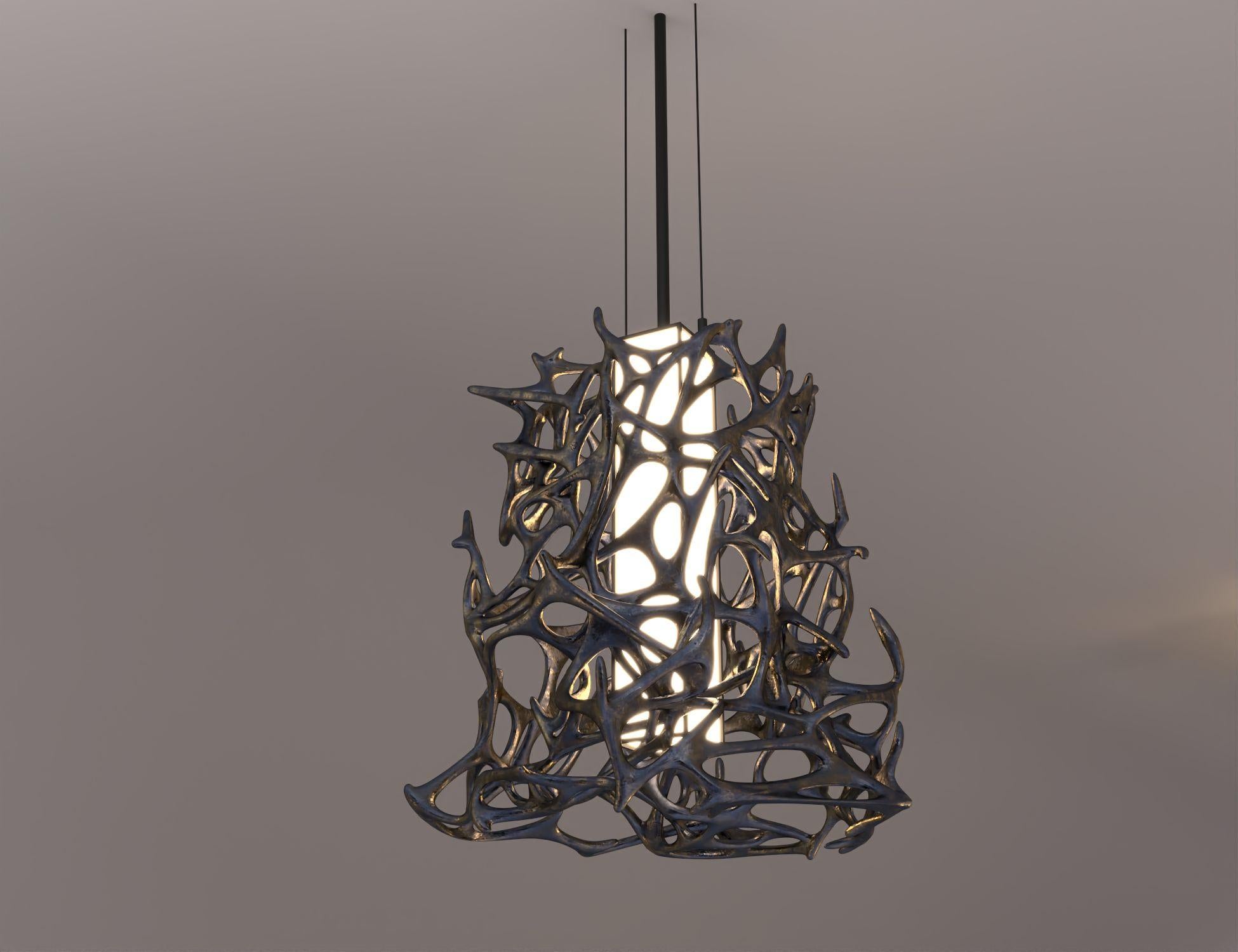 Morphogen Pendant Lamp by John Brevard
Dimensions: D 40.64 x W 40.64 x H 60.96 cm 
Materials: Bronze

Derived from the Greek word morphê (meaning 