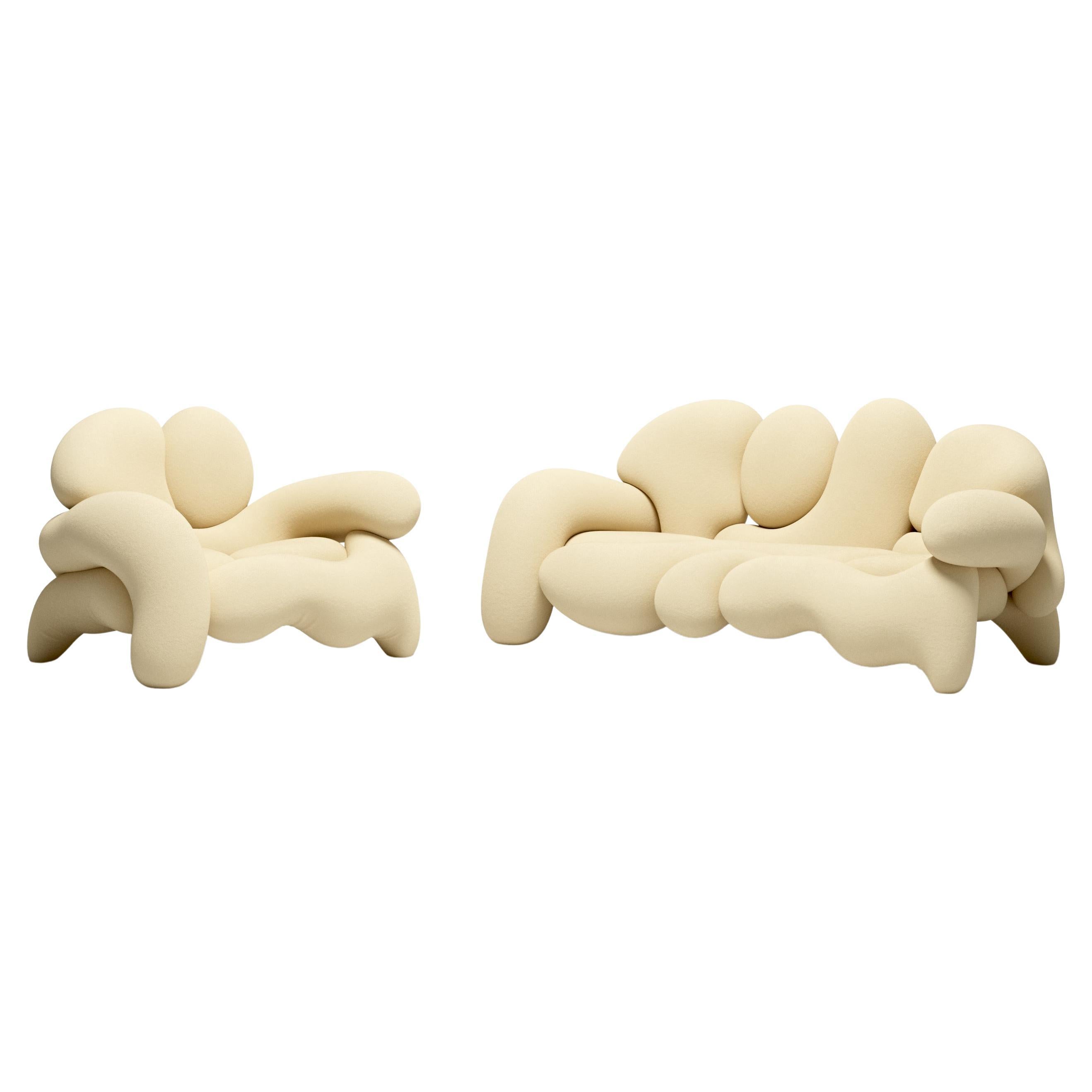 Morphologica Cream Sofa + Armchair in Bouclé Wool by Misha Kahn