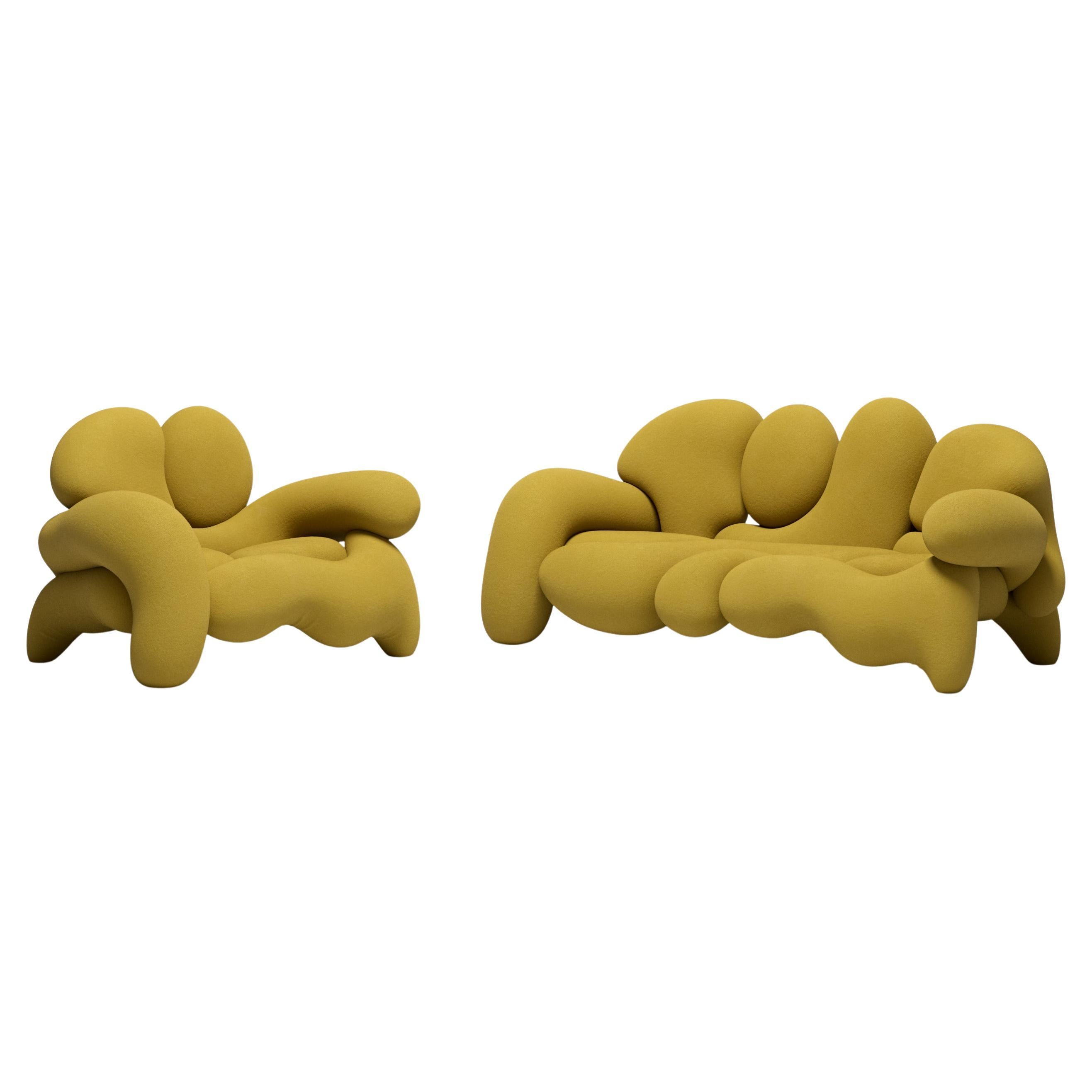 Morphologica Mustard Sofa + Armchair in Bouclé Wool by Misha Kahn