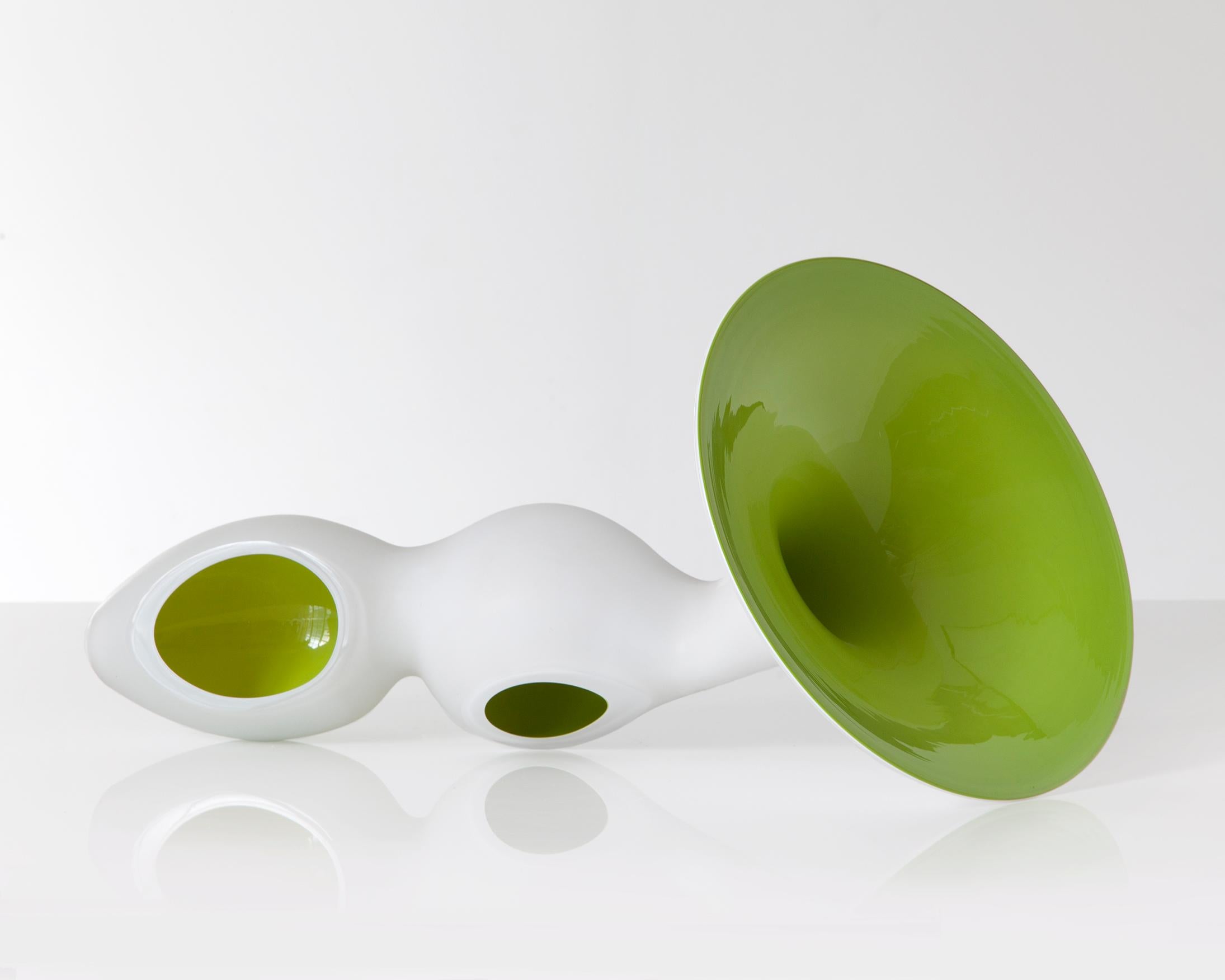 Hand blown lime green glass biomorphic sculpture by Jeff Zimmerman, USA, 2002. Signed and numbered, #8.

  