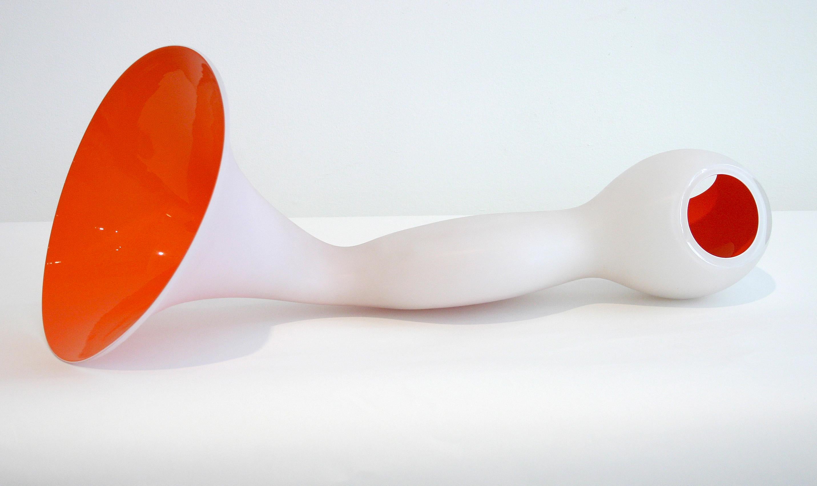 Biomorphic sculpture with red-orange interior in hand blown glass. Designed and made by Jeff Zimmerman, USA, 2006.

Limited number available. Please note that each item may differ slightly in color and shape.
