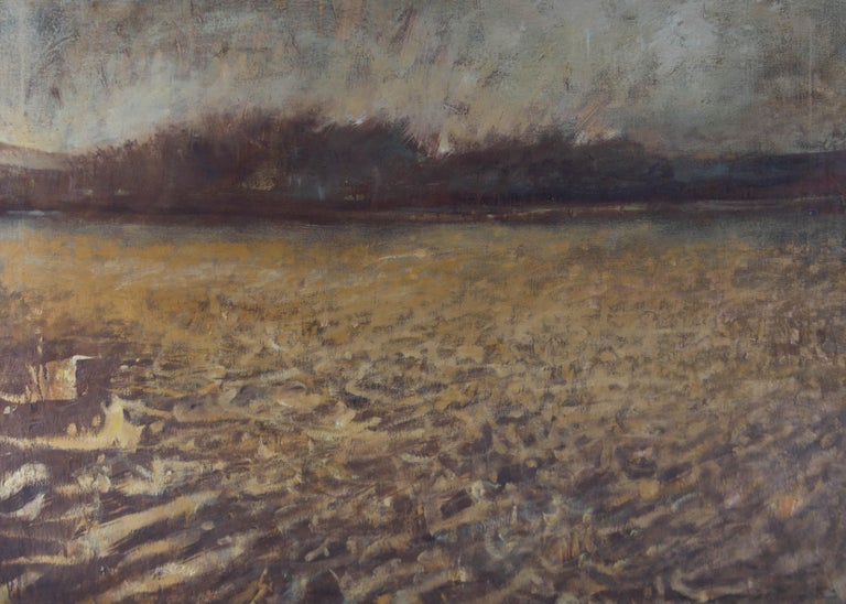 An expansive contemporary oil landscape showing a rustic wheat field, cut down to the stubble. A dark treeline breaks the field away from the sky. The artist has signed to the lower right. On canvas.
