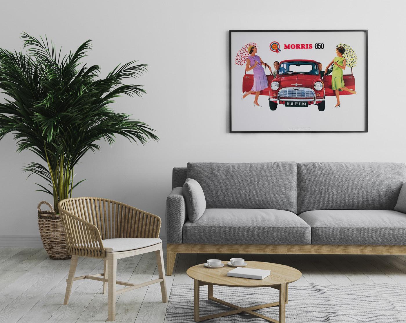 Original vintage advertising poster for the iconic Morris 850 Mini car, quality first, BMC The British Motoring Corporation. Fantastic design featuring a classic retro image of a red Mini. Strong bright colours and wonderful condition. The original