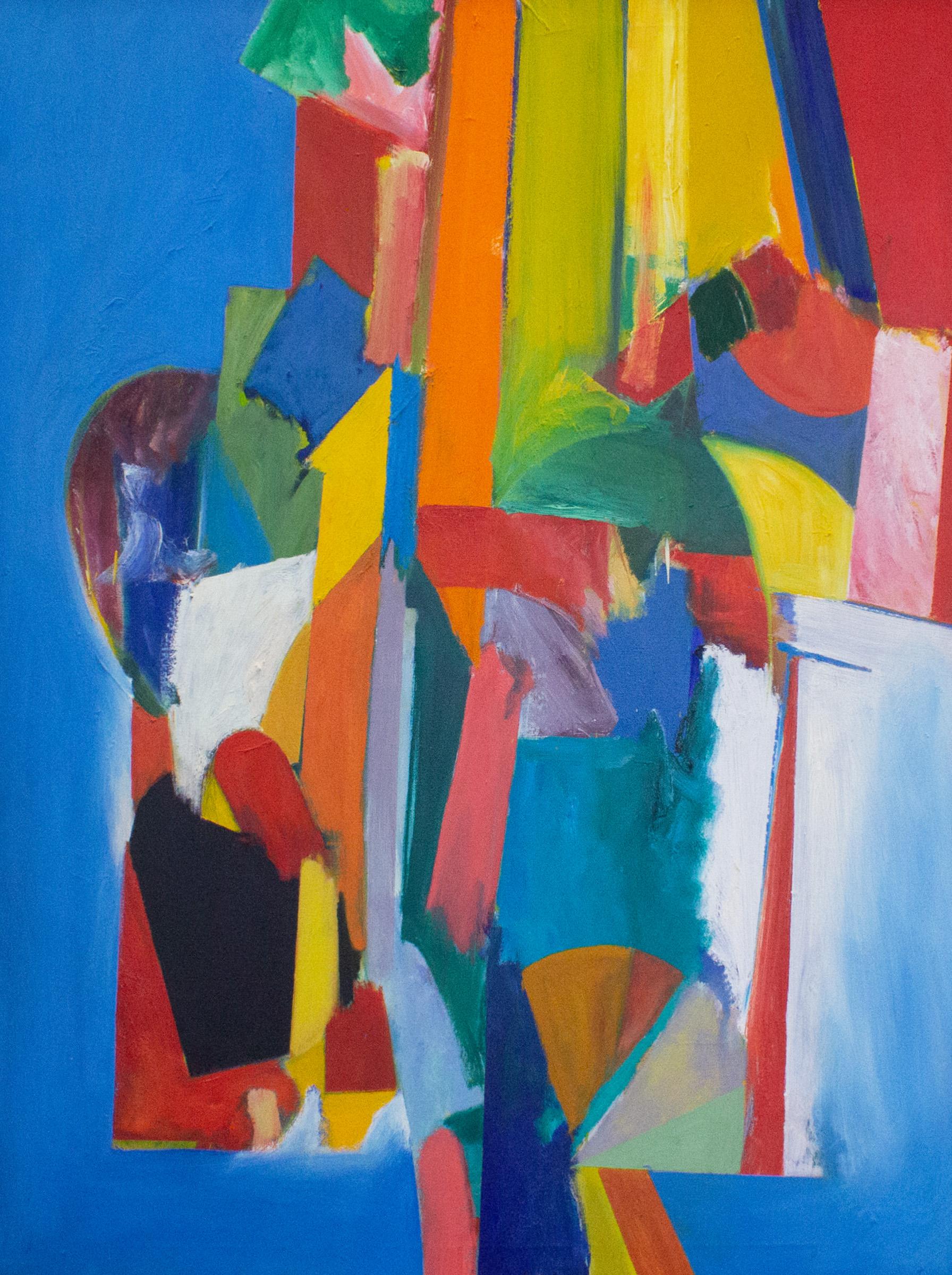 An abstract acrylic on canvas painting by American artist Morris Barazani (1924-2015). Predominately painted in primary colors, this painting depicts bold geometric shapes that appear to project from the canvas. Wide bands of brushwork overlap and