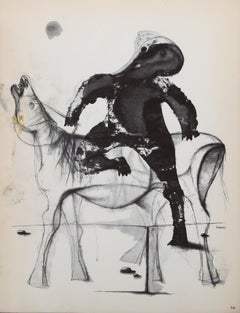 Un garçon chevauchant un cheval invisible, lithographie surréaliste de Morris Broderson