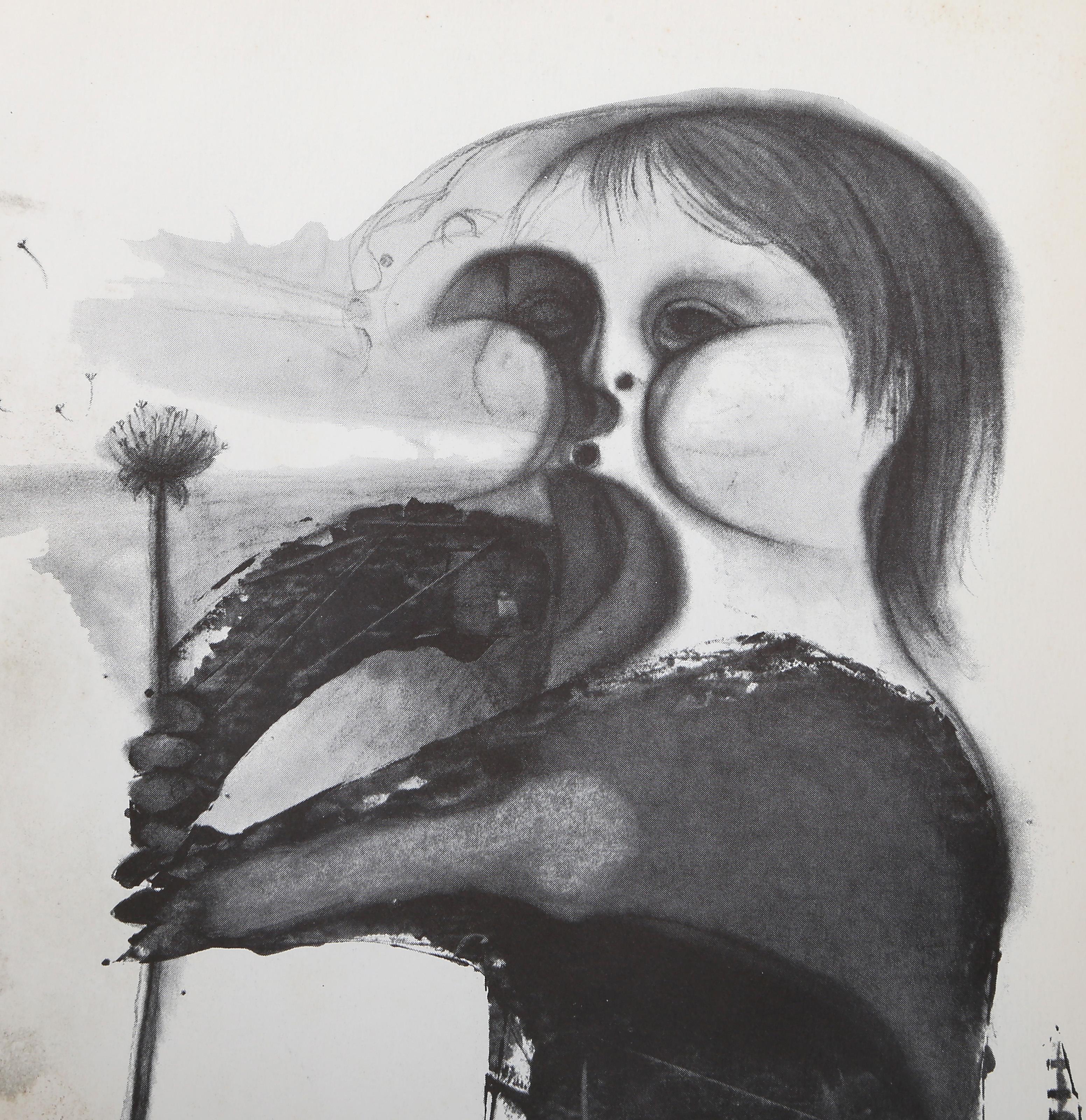 Child Blowing Dandelions, Surrealist Lithograph by Morris Broderson For Sale 1