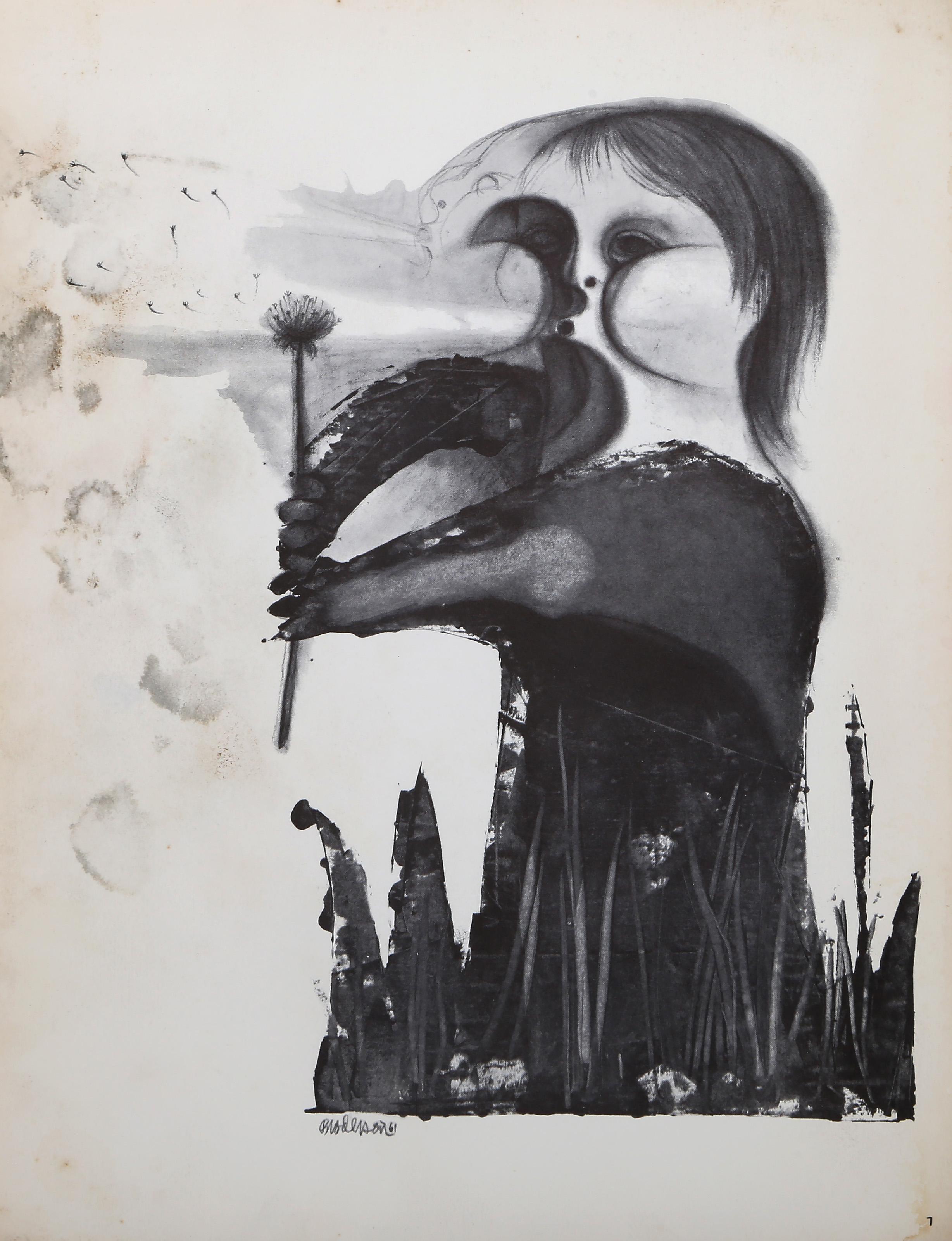 Child Blowing Dandelions, Surrealist Lithograph by Morris Broderson For Sale 2