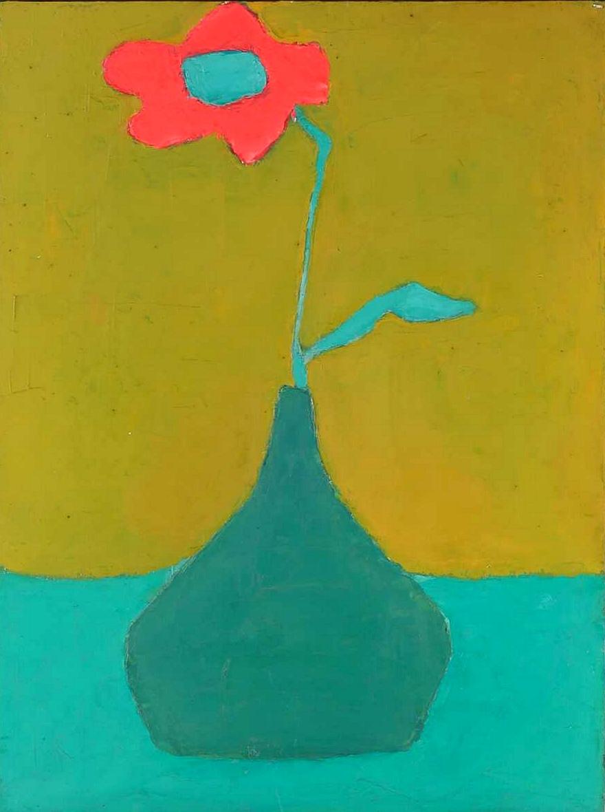 Fleur rouge dans un vase - Peinture à l'huile sur panneau de nature morte britannique moderne des années 1970 - Painting de Morris Chackas
