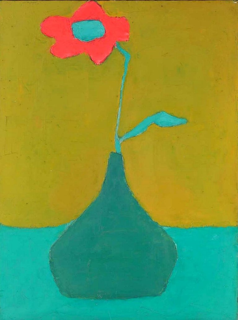 Red Flower in a Vase - 1970's Modern British Oil on Panel Still Life Painting - Black Still-Life Painting by Morris Chackas